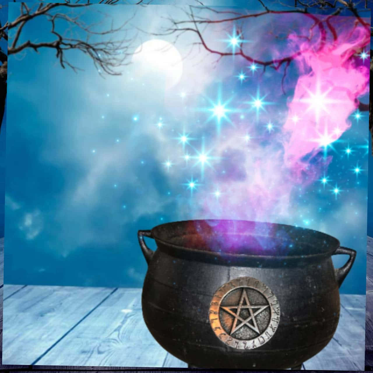 Cauldron, pentagram emblem, glowing purple and blue magic, HD Desktop Wallpaper