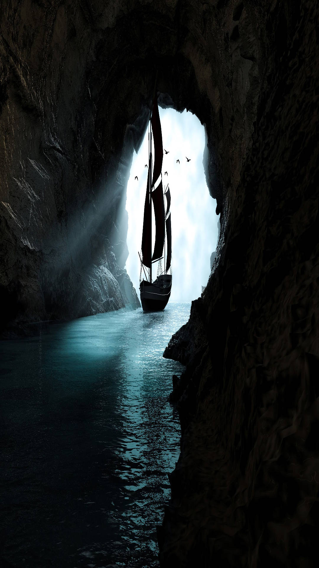 ship, cave, sea cave, Full HD Phone Wallpaper