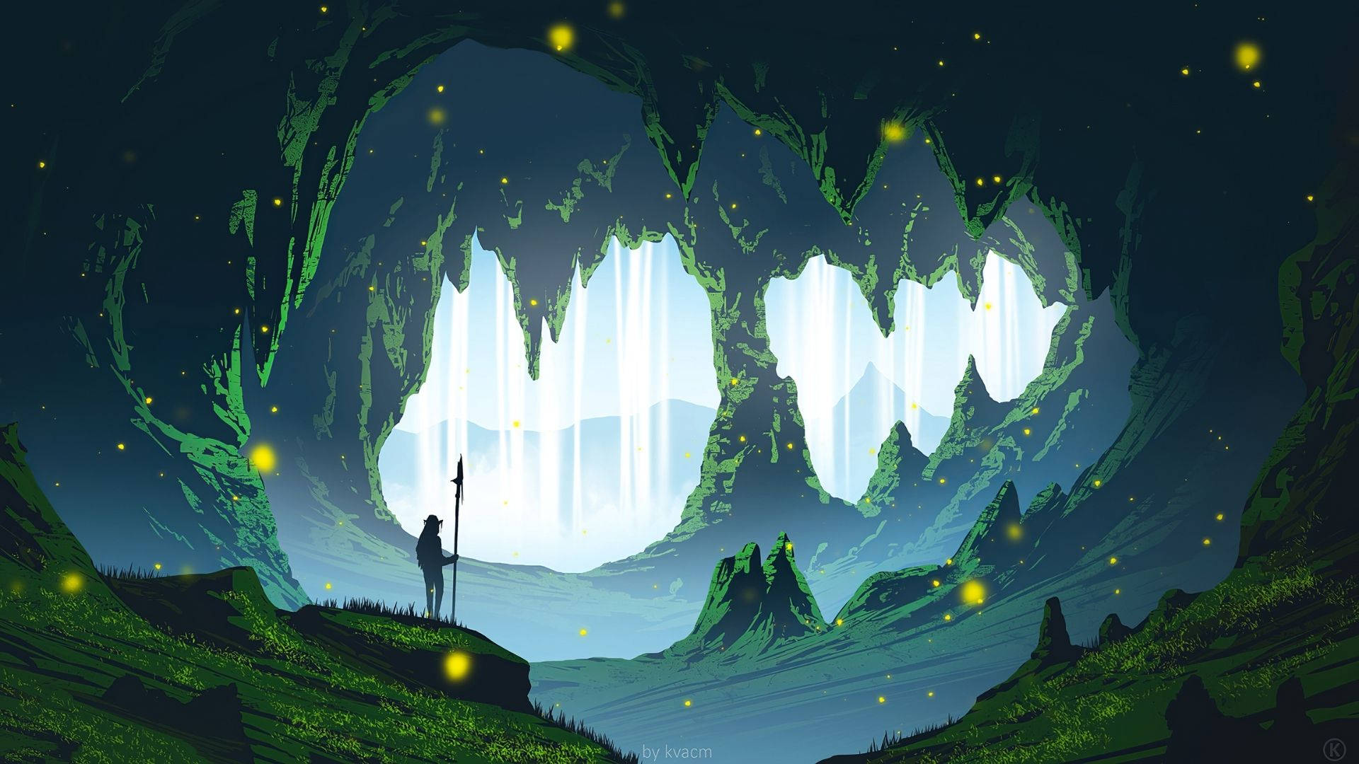 fireflies, cave, glowing waterfalls, Full HD Desktop Wallpaper