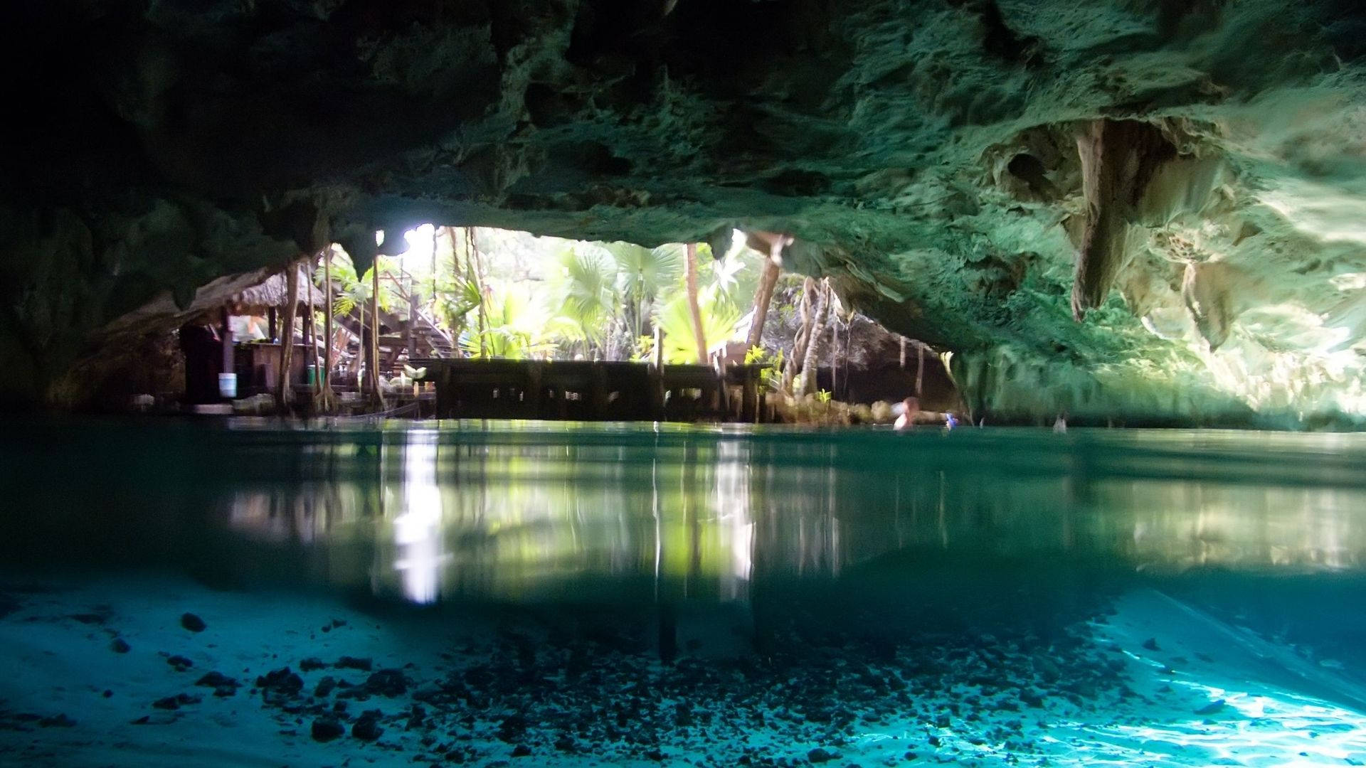 underwater cave, glowing turquoise cenote, sunlight filtering through the jungle, Full HD Desktop Wallpaper