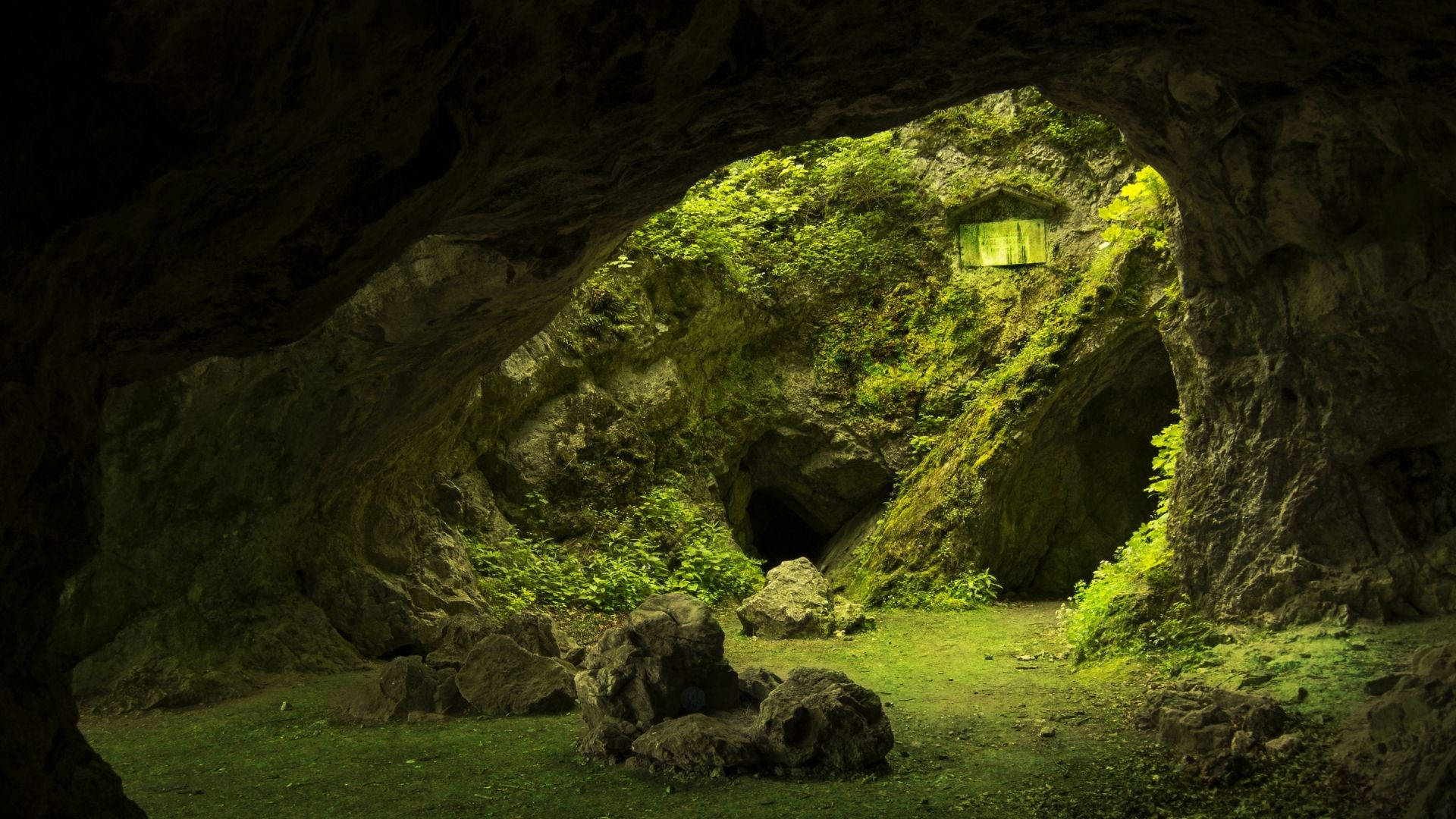 Green Cave, mossy cave entrance, sunlit jungle, Full HD Desktop Wallpaper