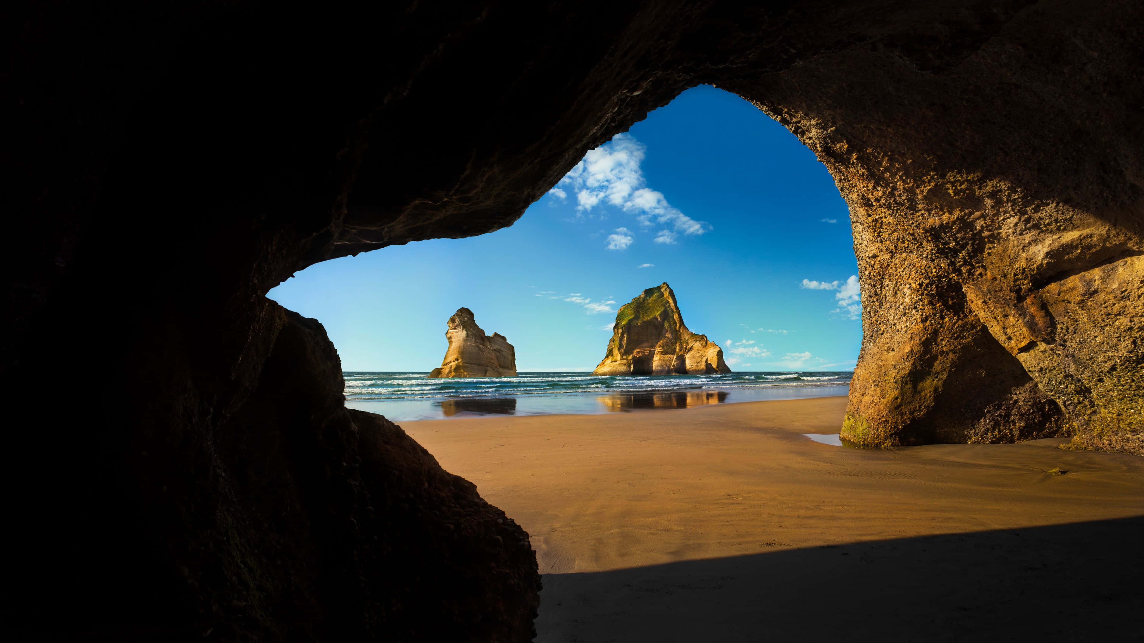 Cave, natural rock arch, golden beach, 4K Desktop Wallpaper