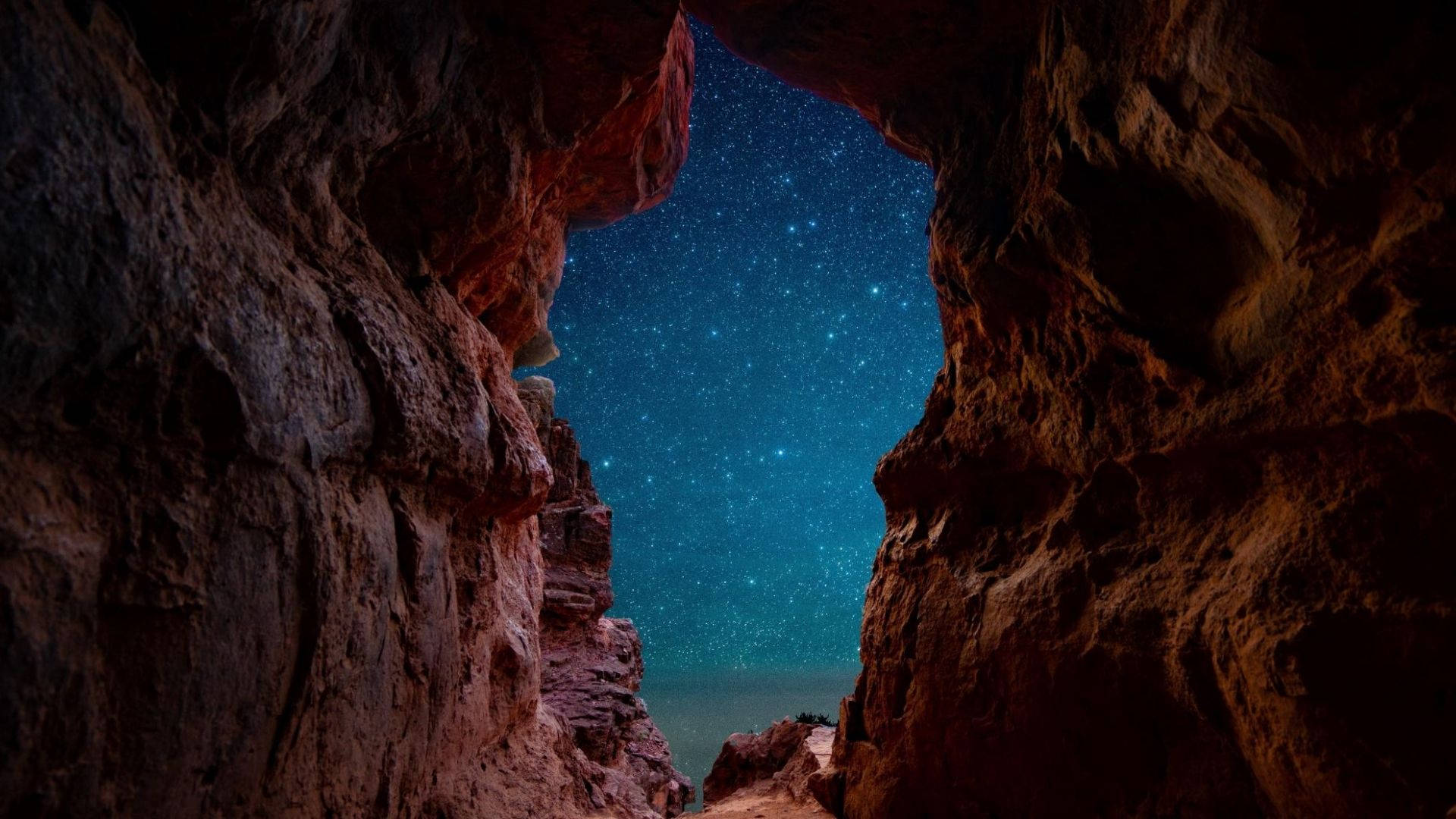 Cave, starry sky, rugged red rock canyon walls, Full HD Desktop Wallpaper