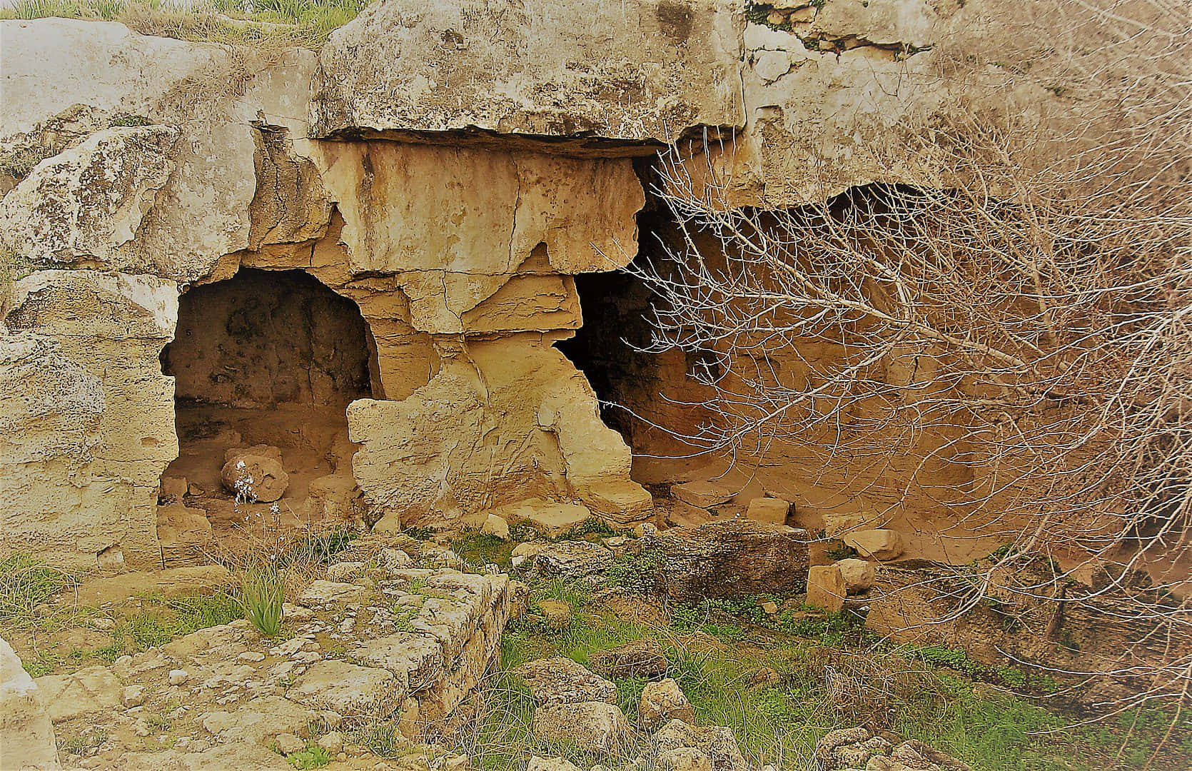 Ancient tombs, rock facade, rugged cliff face, HD Desktop Wallpaper