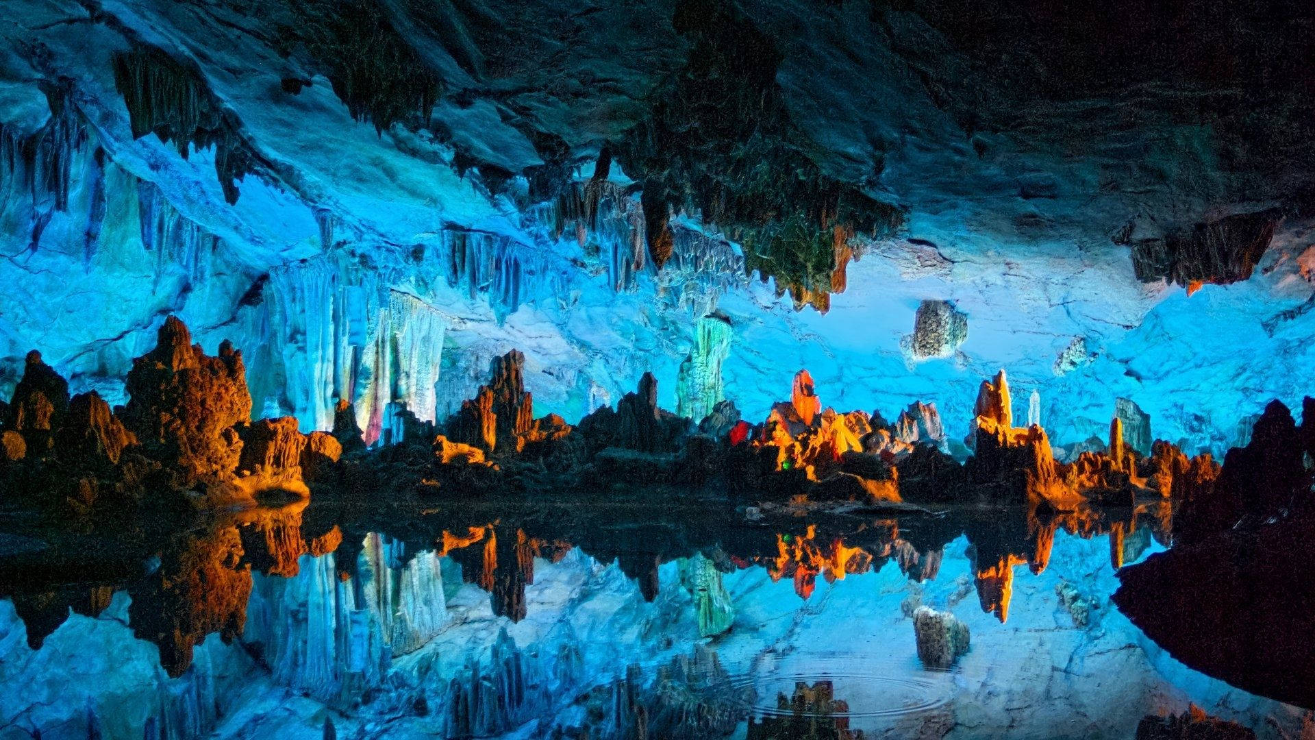 bright blue reed flute cave, blue rock formations, orange rock formations, Full HD Desktop Wallpaper
