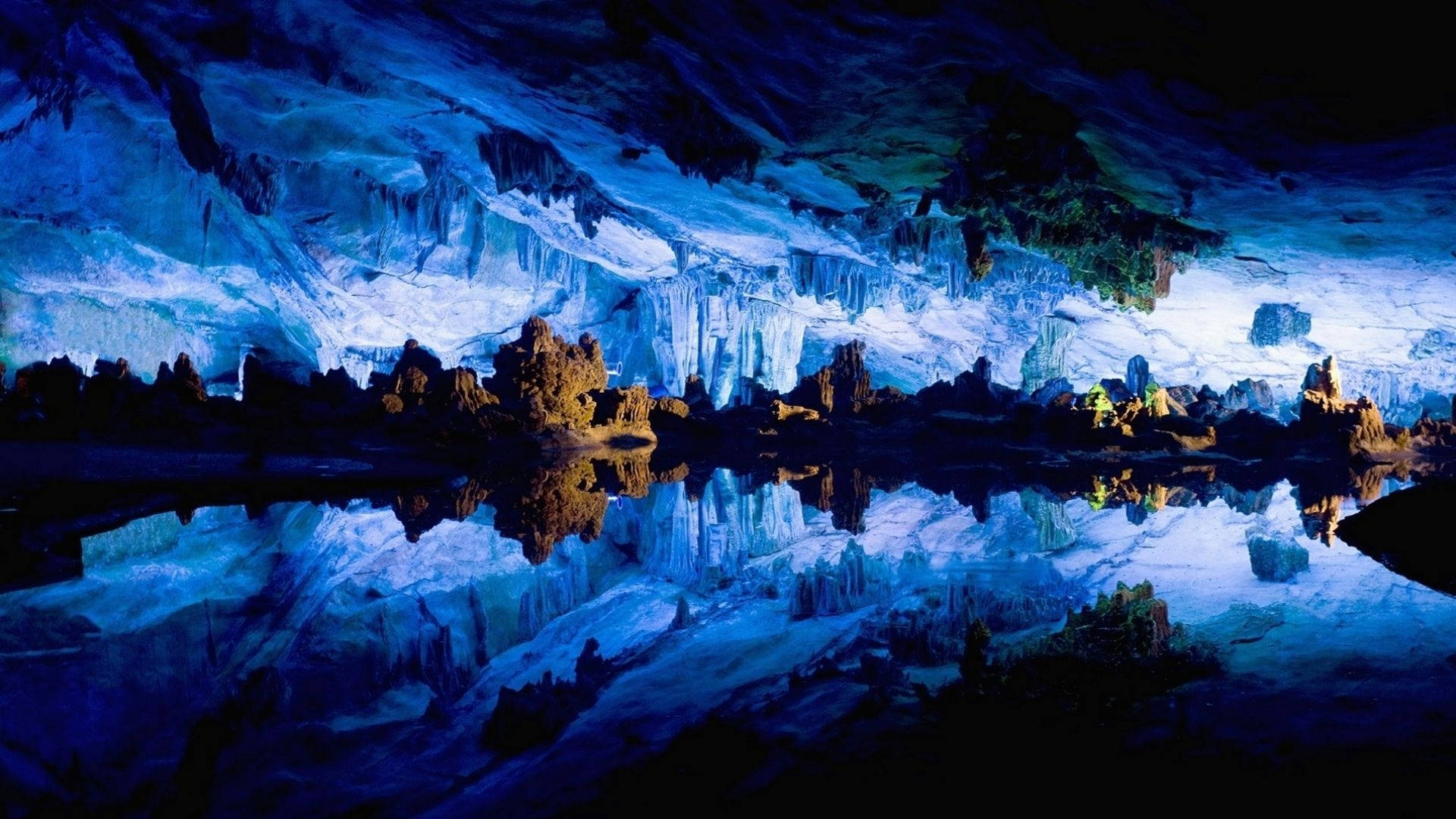 blue reed flute cave, blue-lit cave, icy stalactites, Full HD Desktop Wallpaper