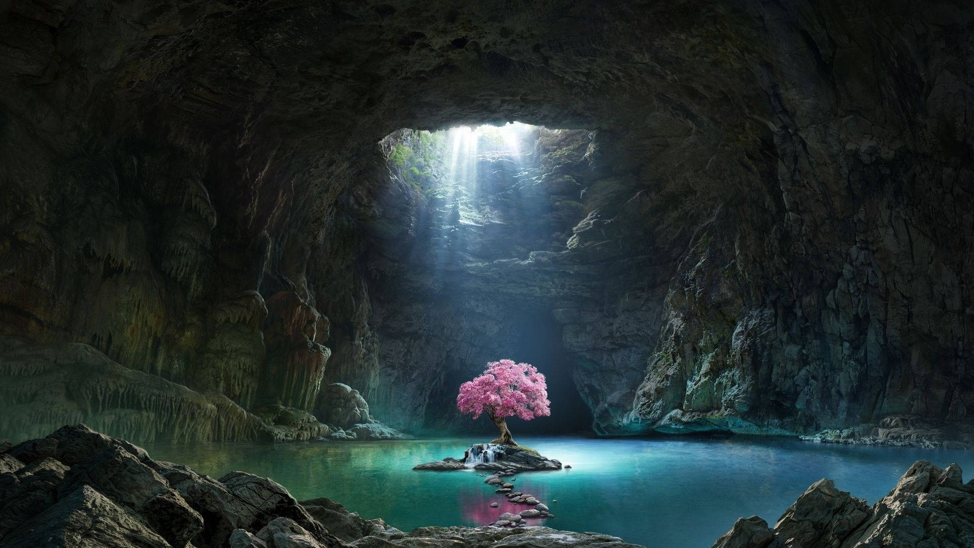 sakura tree, turquoise cave lake, divine sunlight, Full HD Desktop Wallpaper
