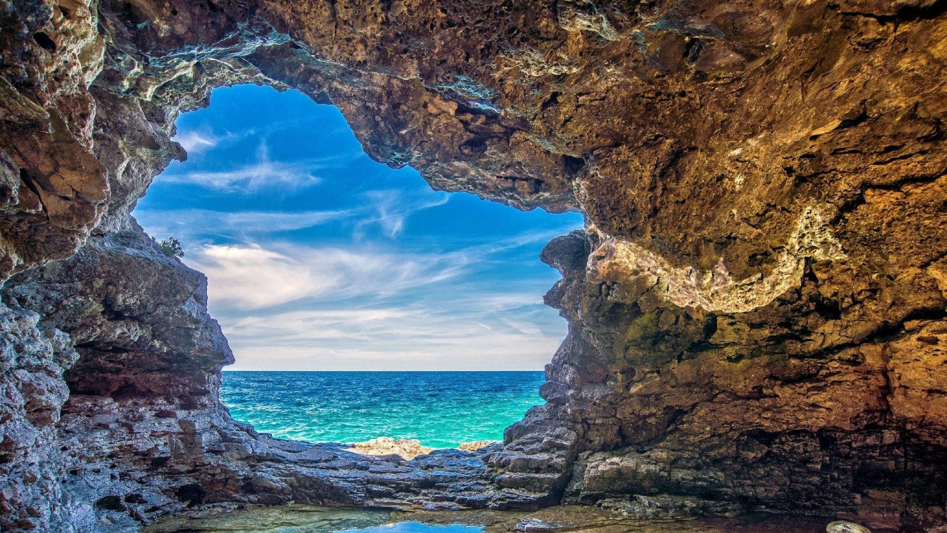 seaside, natural rock arch, turquoise sea, Full HD Desktop Wallpaper