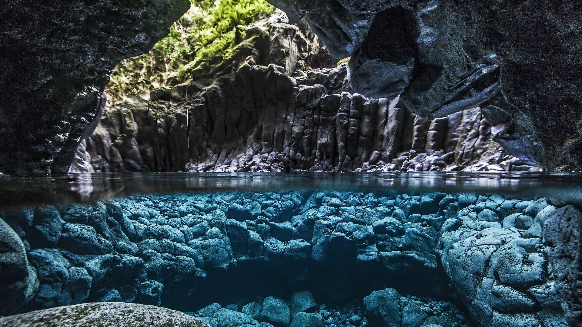 Kuza Cave Water, turquoise water, rugged rock walls, Full HD Desktop Wallpaper
