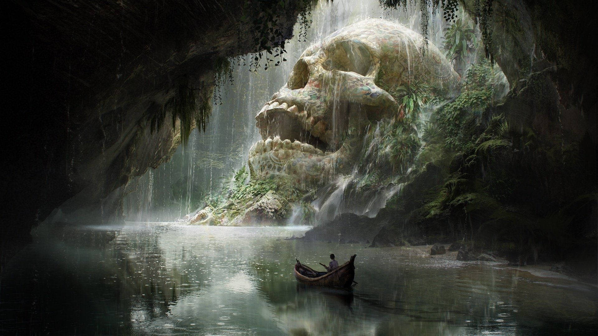 fantasy skull cave, colossal skull-shaped waterfall, misty jungle cavern, Full HD Desktop Wallpaper