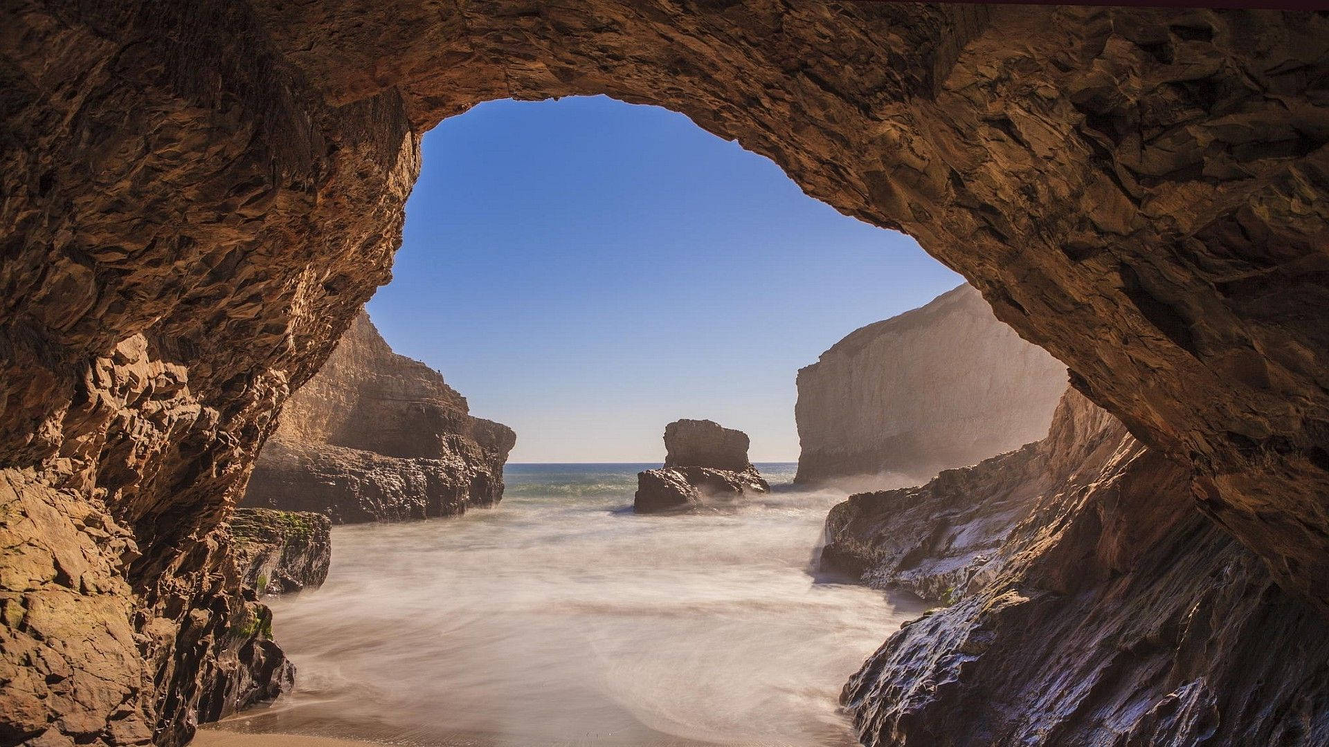 Cave, foggy beach, rock arch, Full HD Desktop Wallpaper