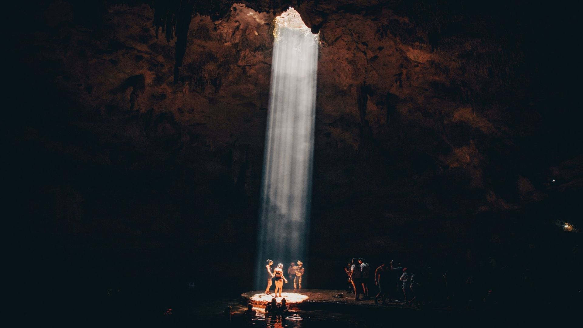 tourists, cave, sunlight, Full HD Desktop Wallpaper