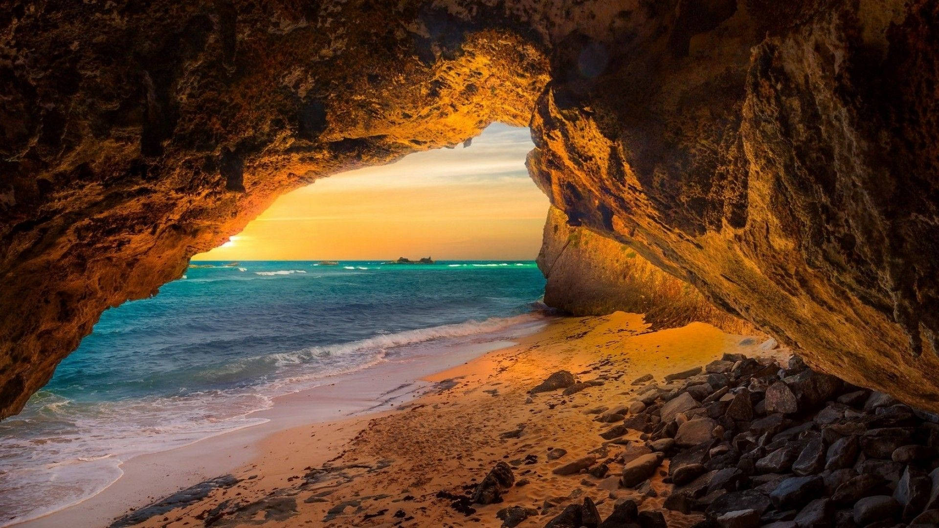 cave, beach, golden sunset, Full HD Desktop Wallpaper
