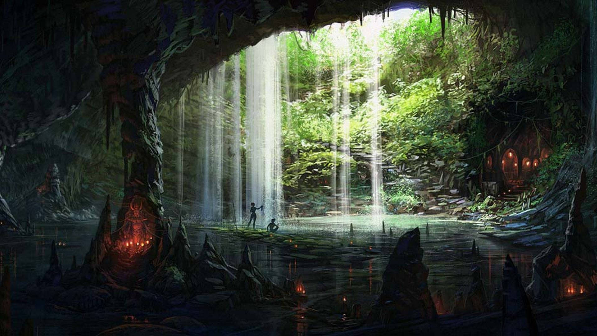 cave, sunlight, forest canopy, Full HD Desktop Wallpaper