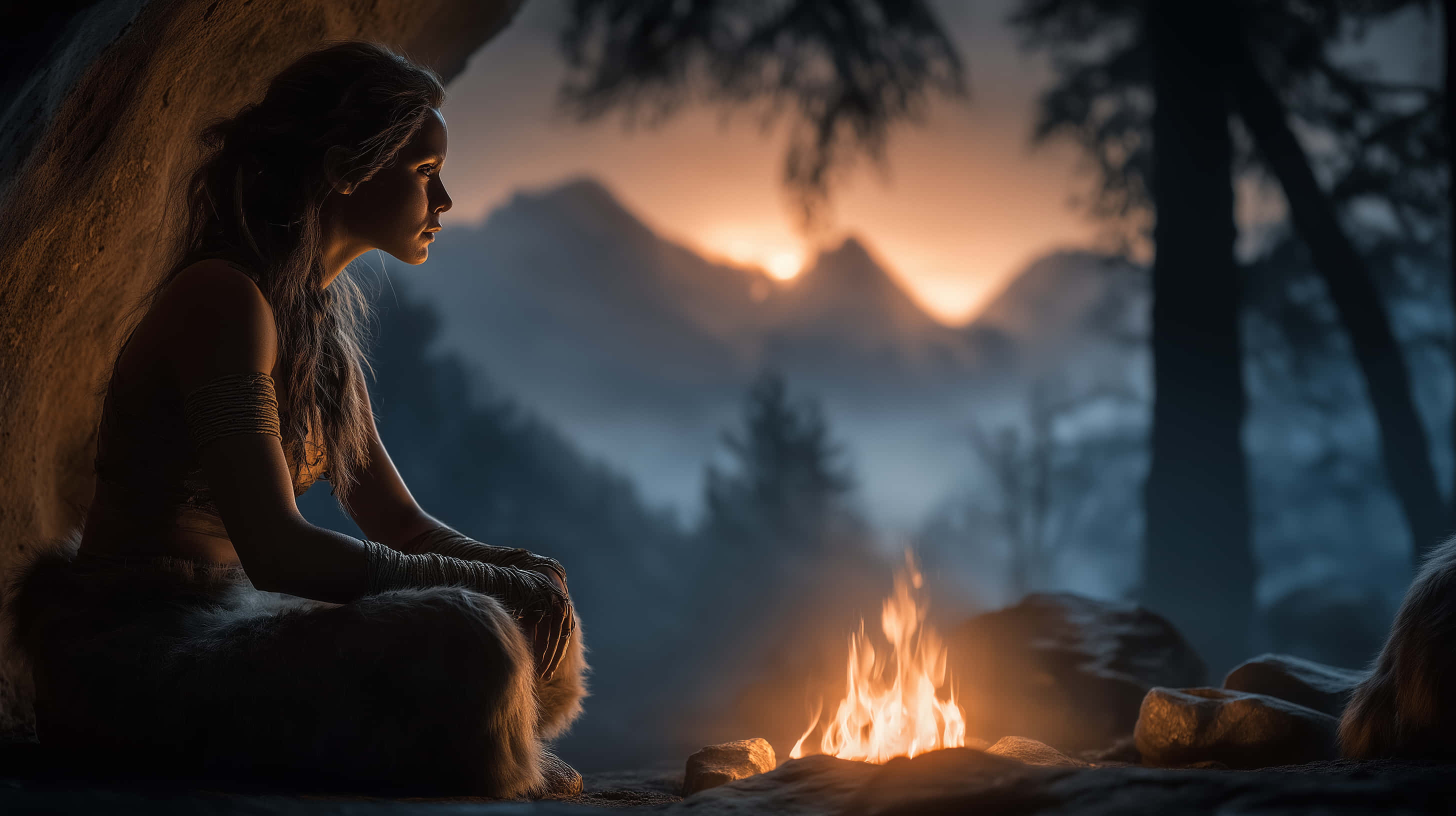cave, campfire, setting sun, 2K Desktop Wallpaper