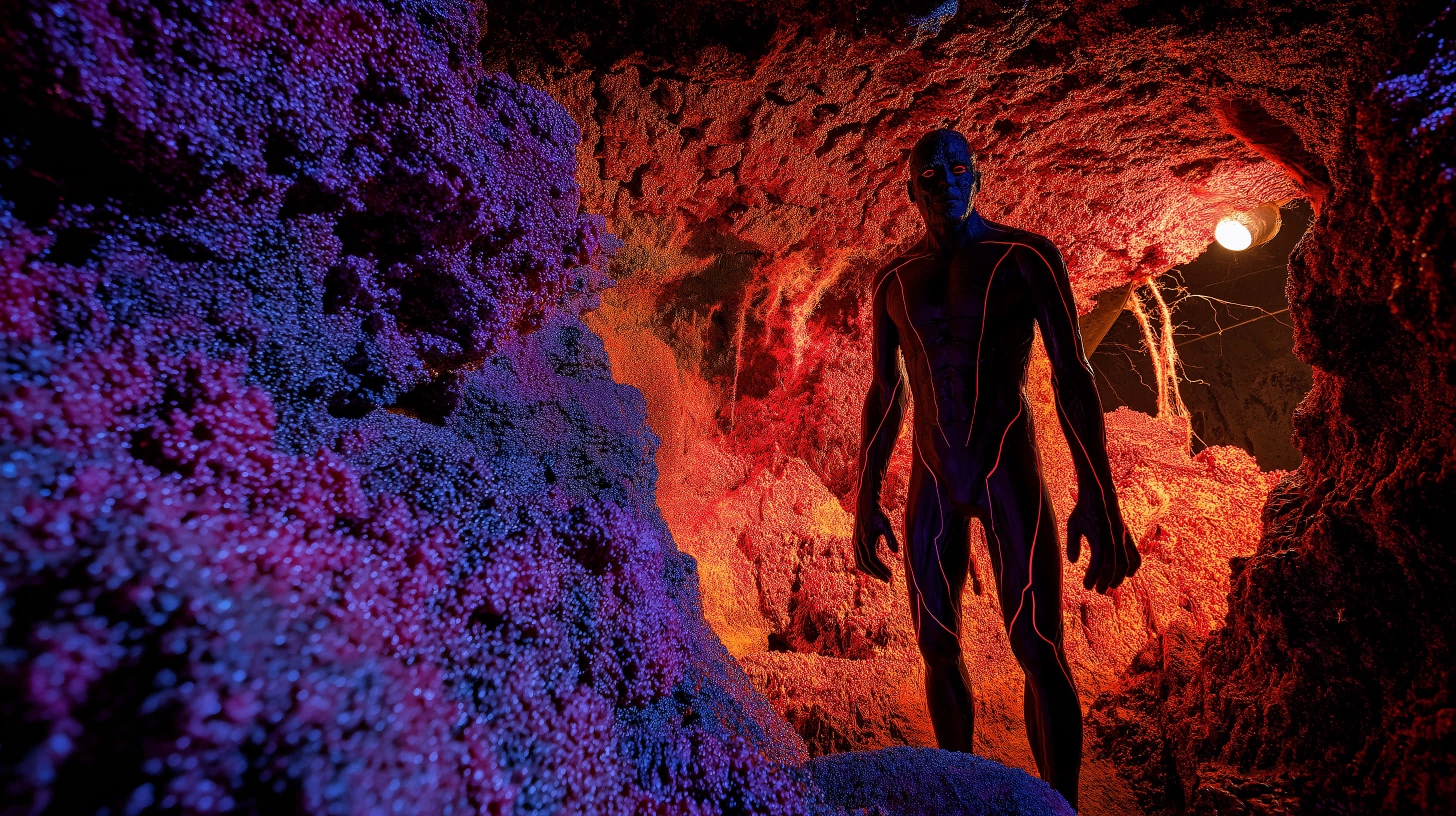 blue-skinned humanoid, elongated limbs, cave, 2K Desktop Wallpaper