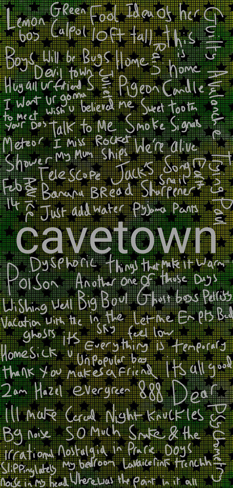 Cavetown, green pixelated background, white handwritten song titles, HD Phone Wallpaper