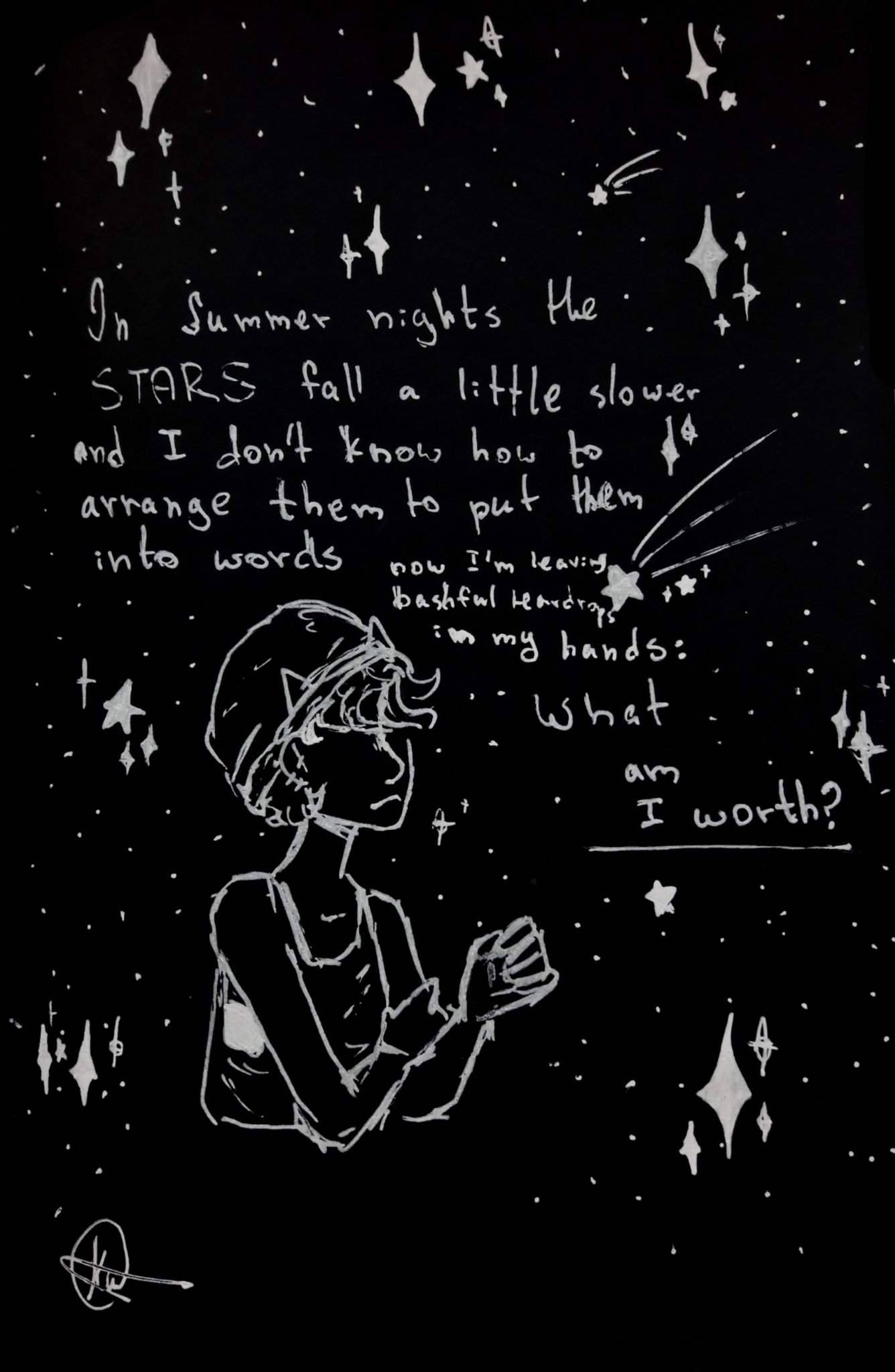 Cavetown, white line-art figure, falling stars, Full HD Phone Wallpaper