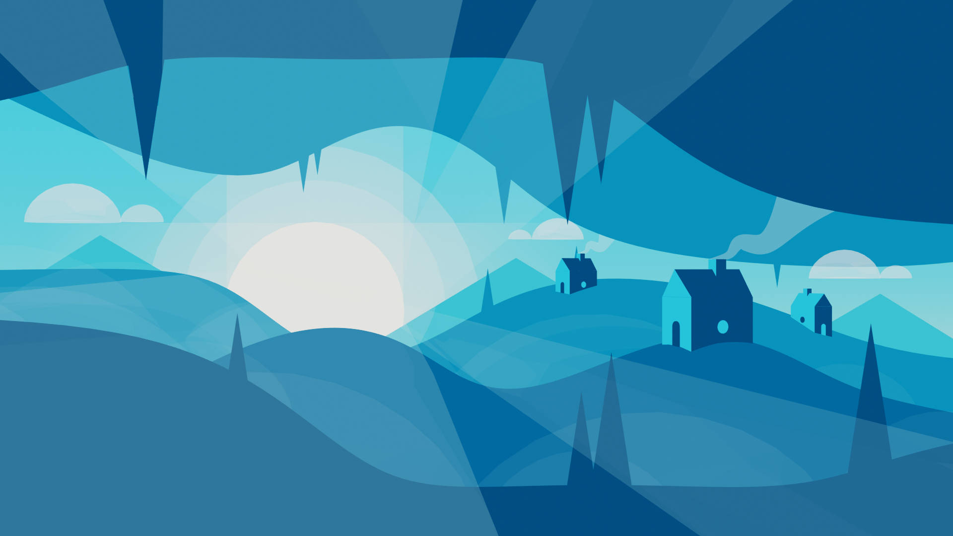 blue cavetown, geometric hills, glowing sun, Full HD Desktop Wallpaper
