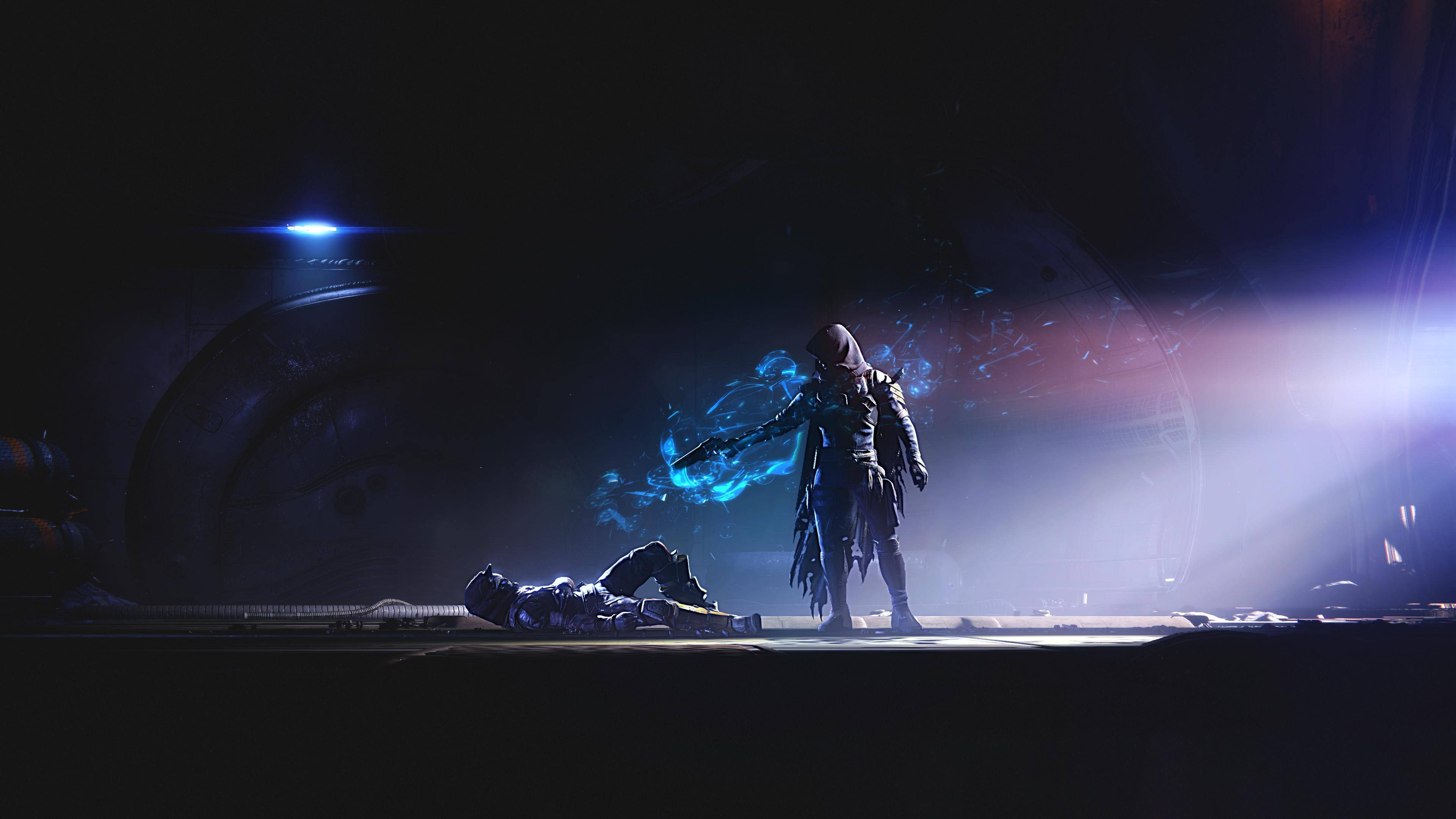 Cayde 6, dark sci-fi arena, blue and purple light, 4K Desktop Wallpaper