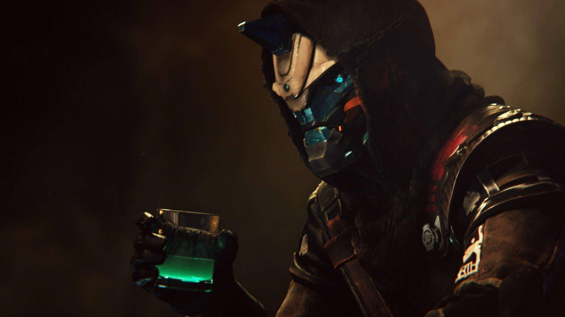 Cayde 6, green drink, hooded masked figure, Full HD Desktop Wallpaper