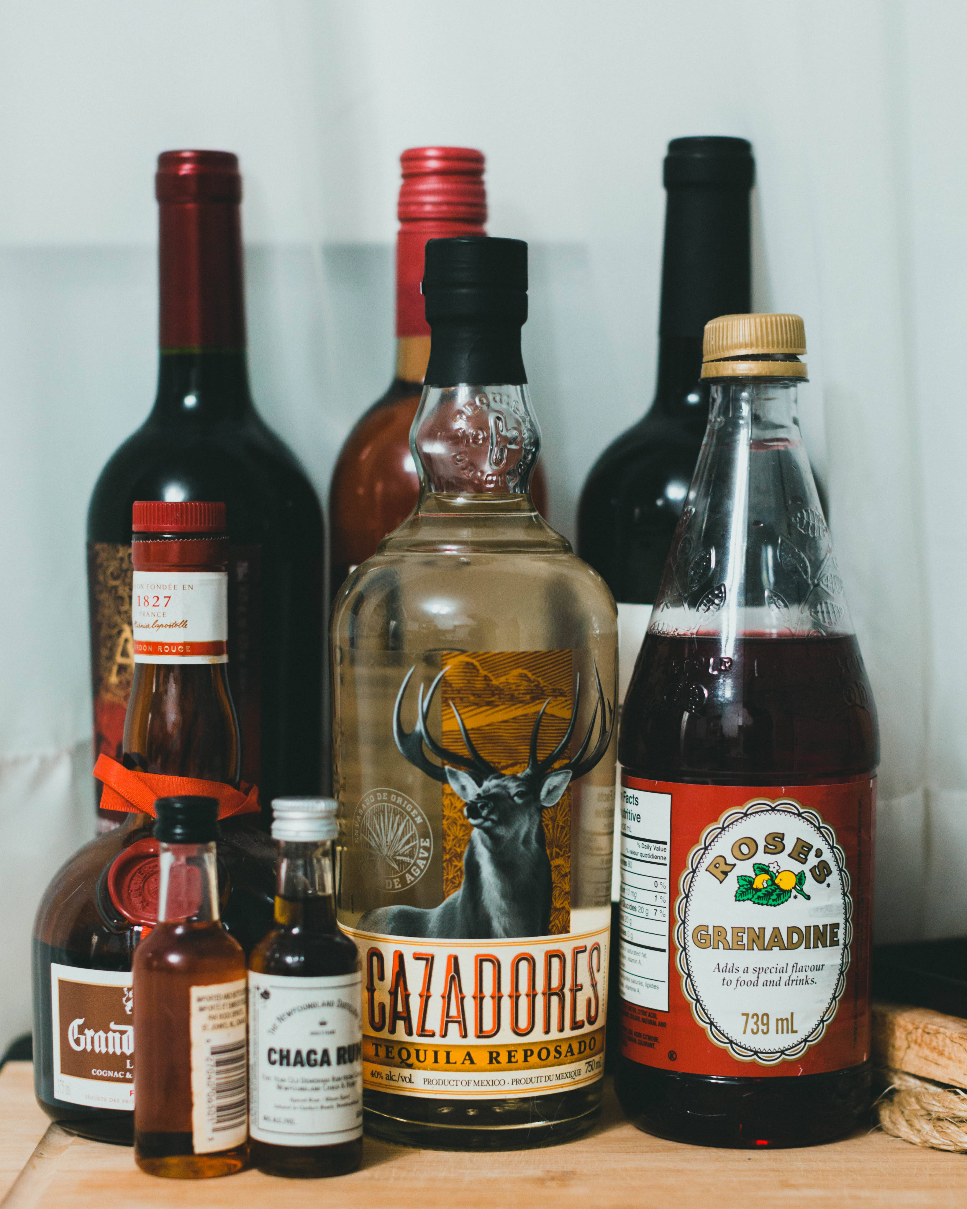 Cazadores Tequila, grenadine, wooden surface, 4K Phone Wallpaper
