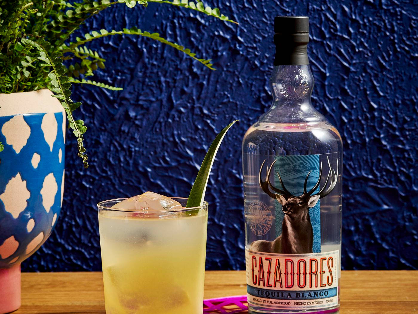 Cazadores Tequila, wooden table, patterned planter, HD Desktop Wallpaper