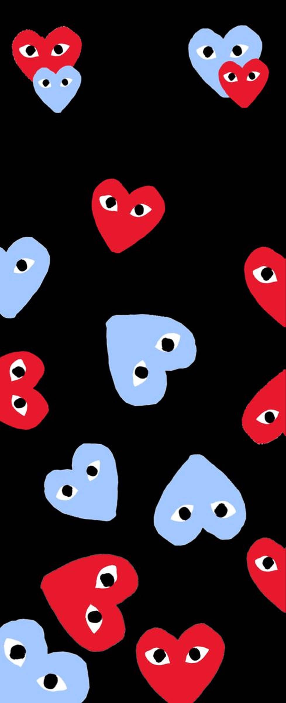 red and blue CDG, hearts with eyes, black background, Full HD Phone Wallpaper
