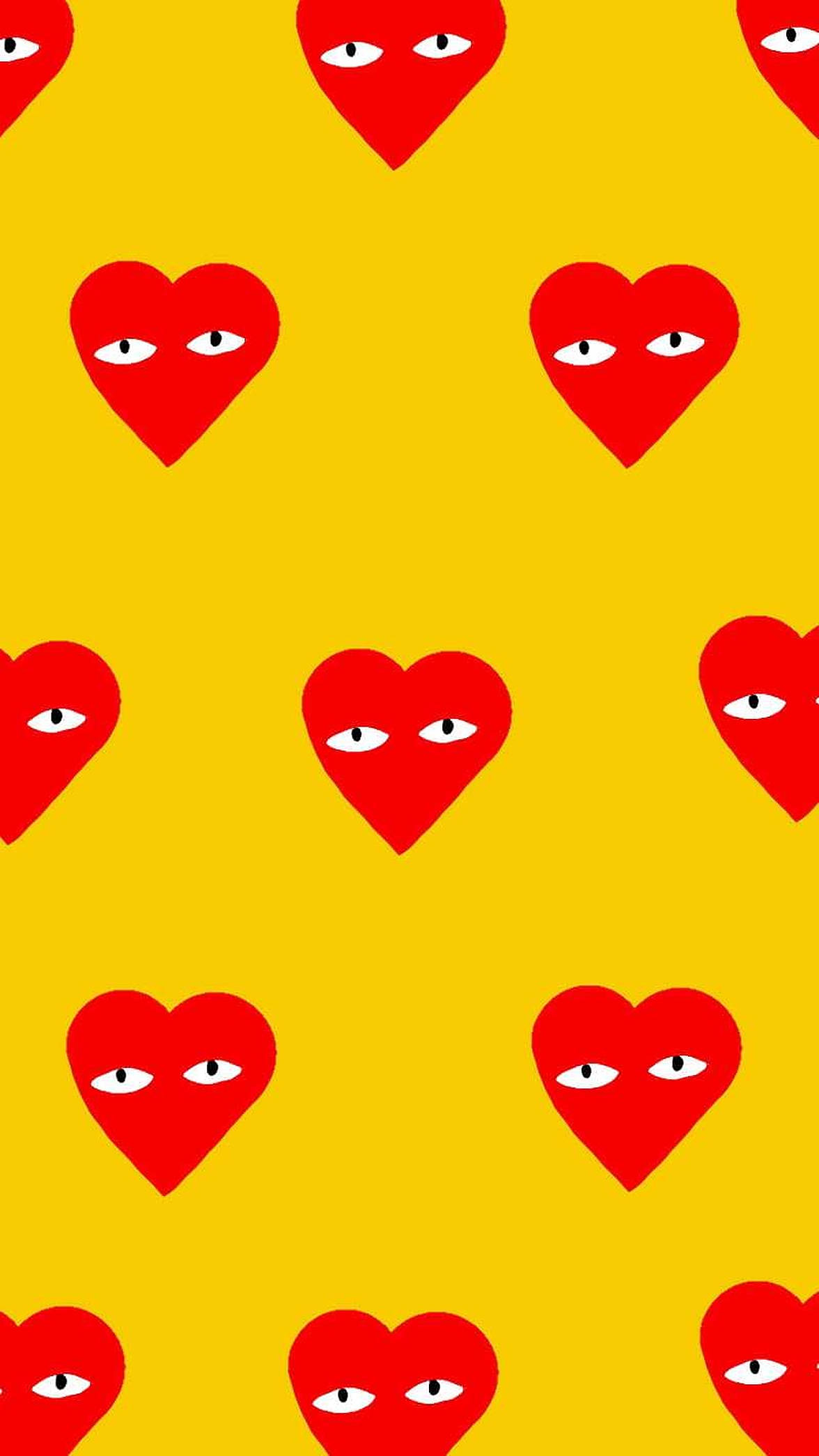 yellow, CDG, vibrant red hearts, Full HD Phone Wallpaper