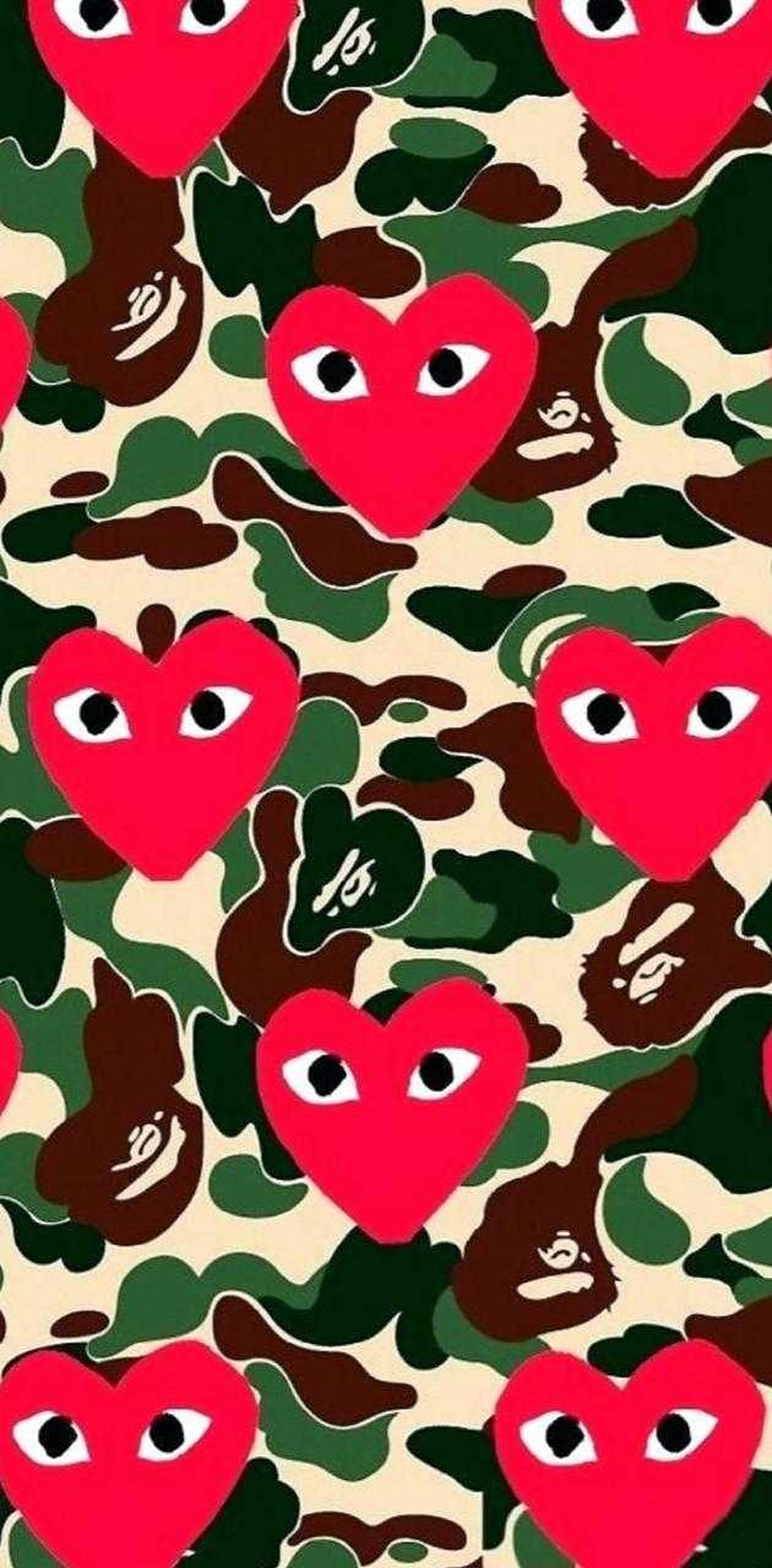 CDG, logo camouflage, vibrant red hearts, 2K Phone Wallpaper