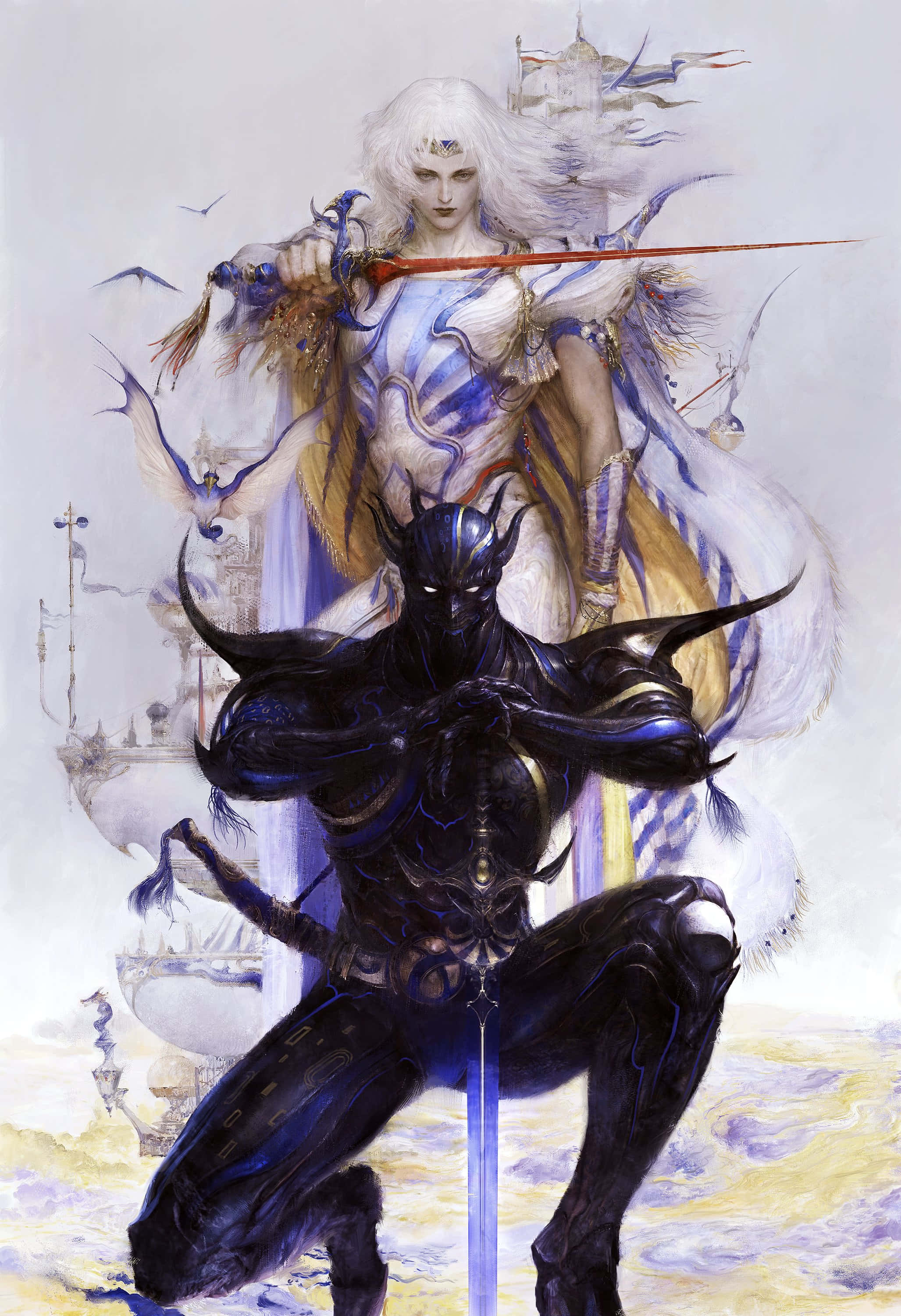 Cecil Harvey, white-haired warrior, blue and white armor, 2K Phone Wallpaper