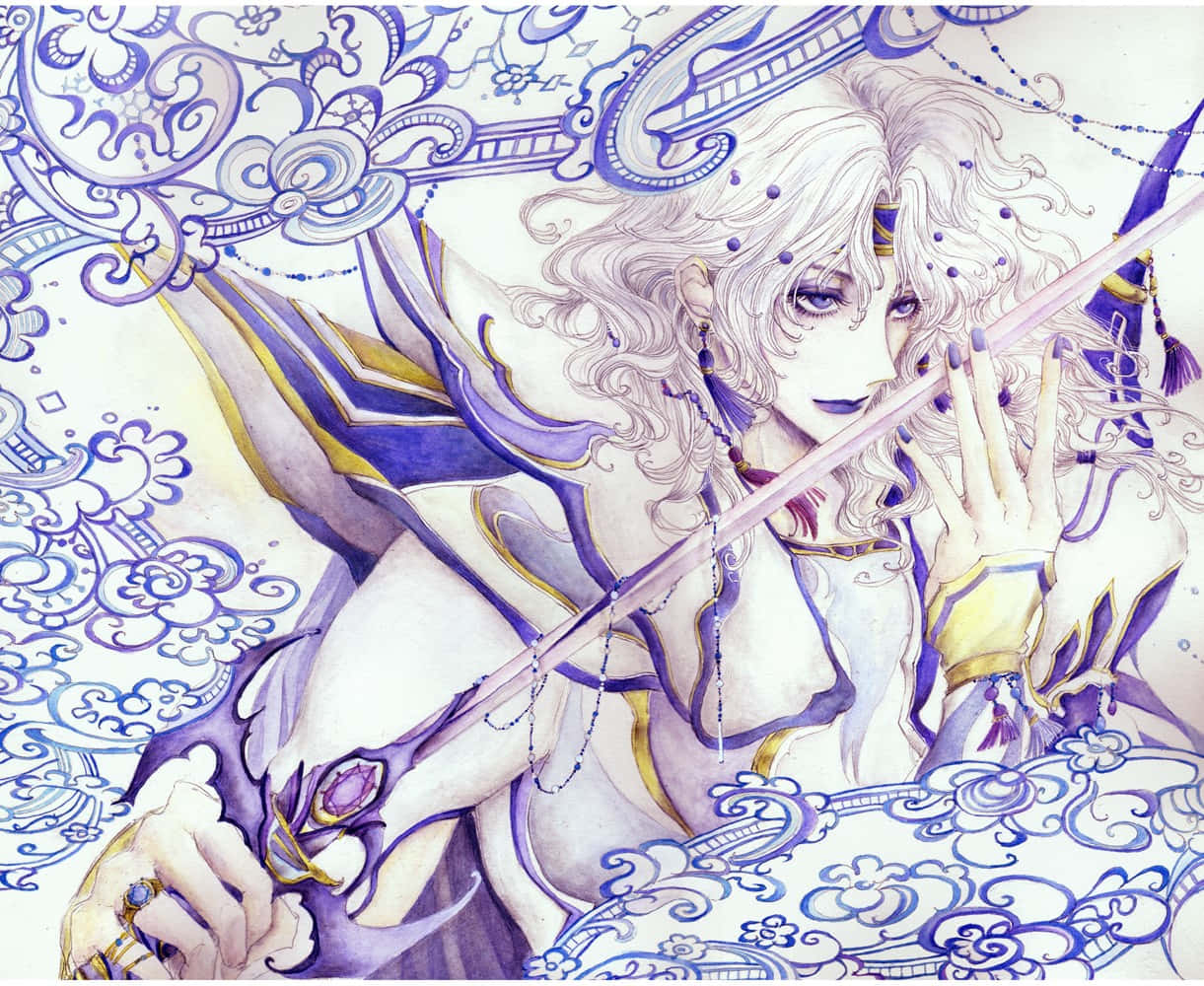 Cecil Harvey, white-haired anime warrior, purple and gold armor, SD Desktop Wallpaper