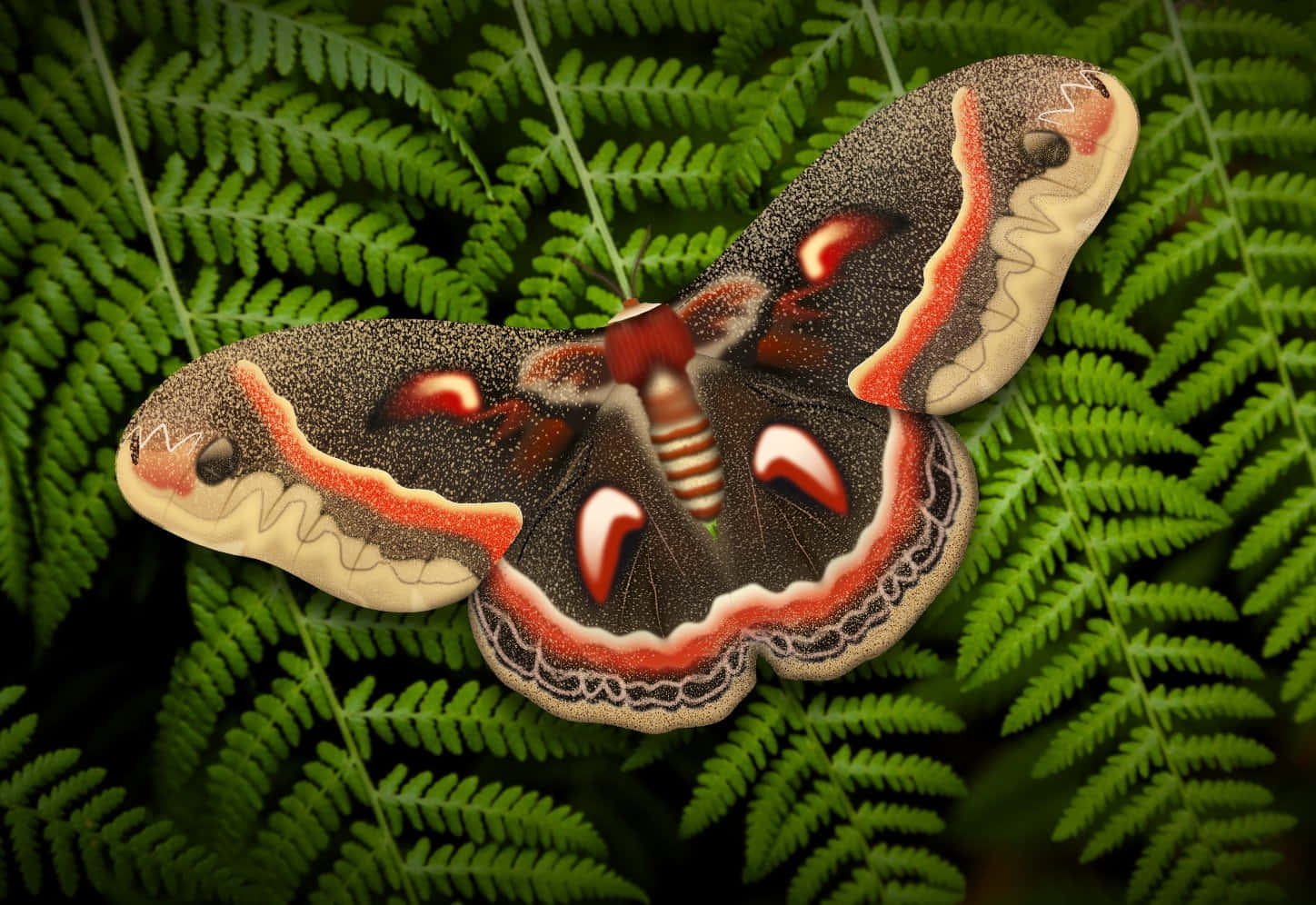 Cecropia Moth, brown wings, red and cream edges, HD Desktop Wallpaper