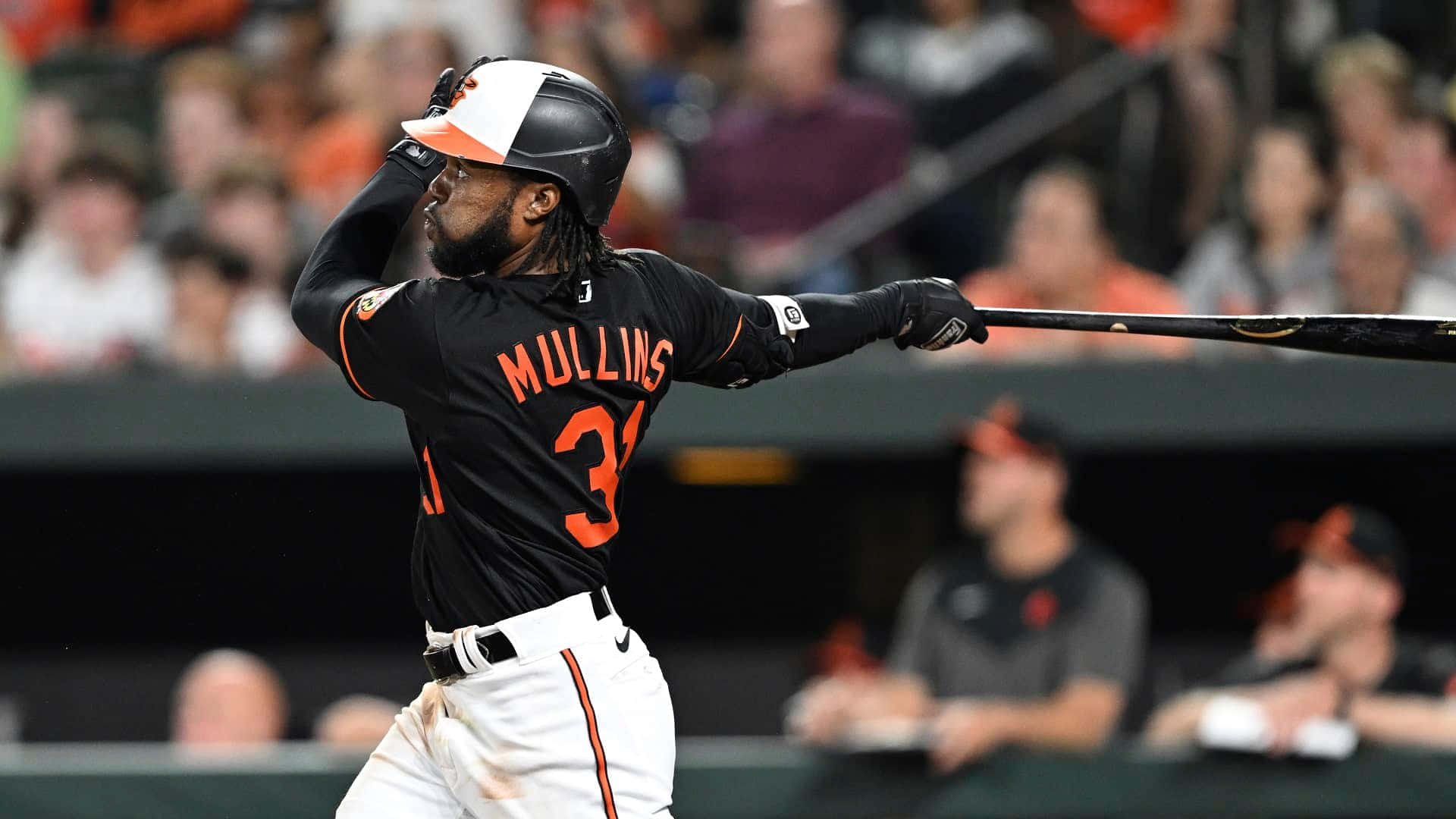 Cedric Mullins, black and orange uniform, mid-swing, Full HD Desktop Wallpaper