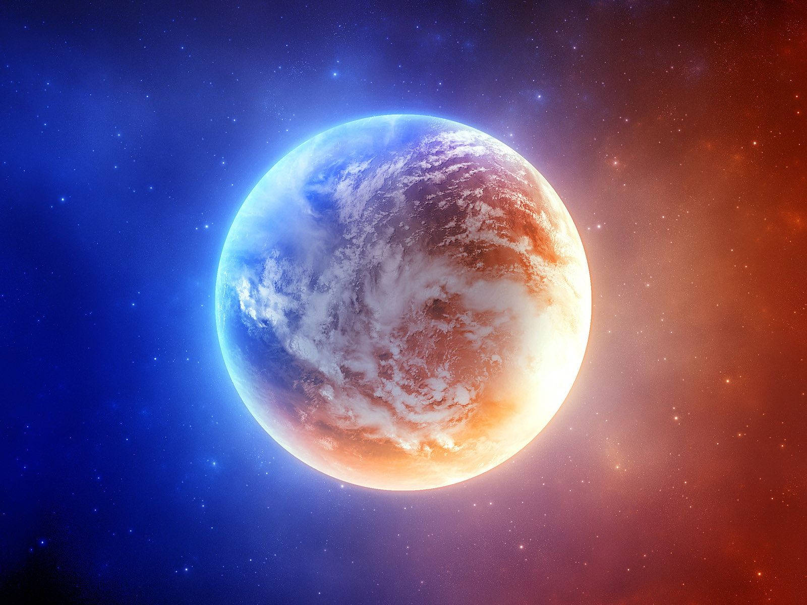 red and blue planet, swirling clouds, cosmic backdrop, HD Desktop Wallpaper