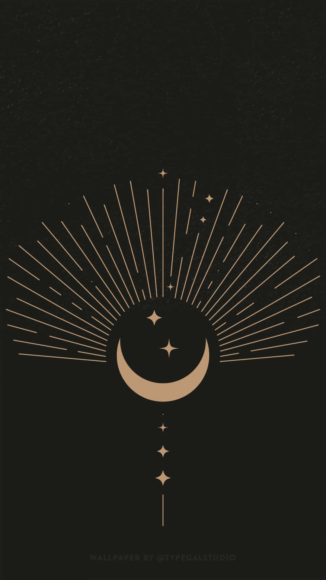 golden crescent moon, starburst rays, speckled black cosmic background, Full HD Phone Wallpaper