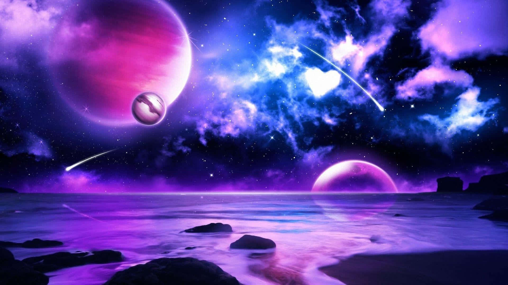 Cosmic Ocean View HD, purple and blue nebulae, shoreline, Full HD Desktop Wallpaper