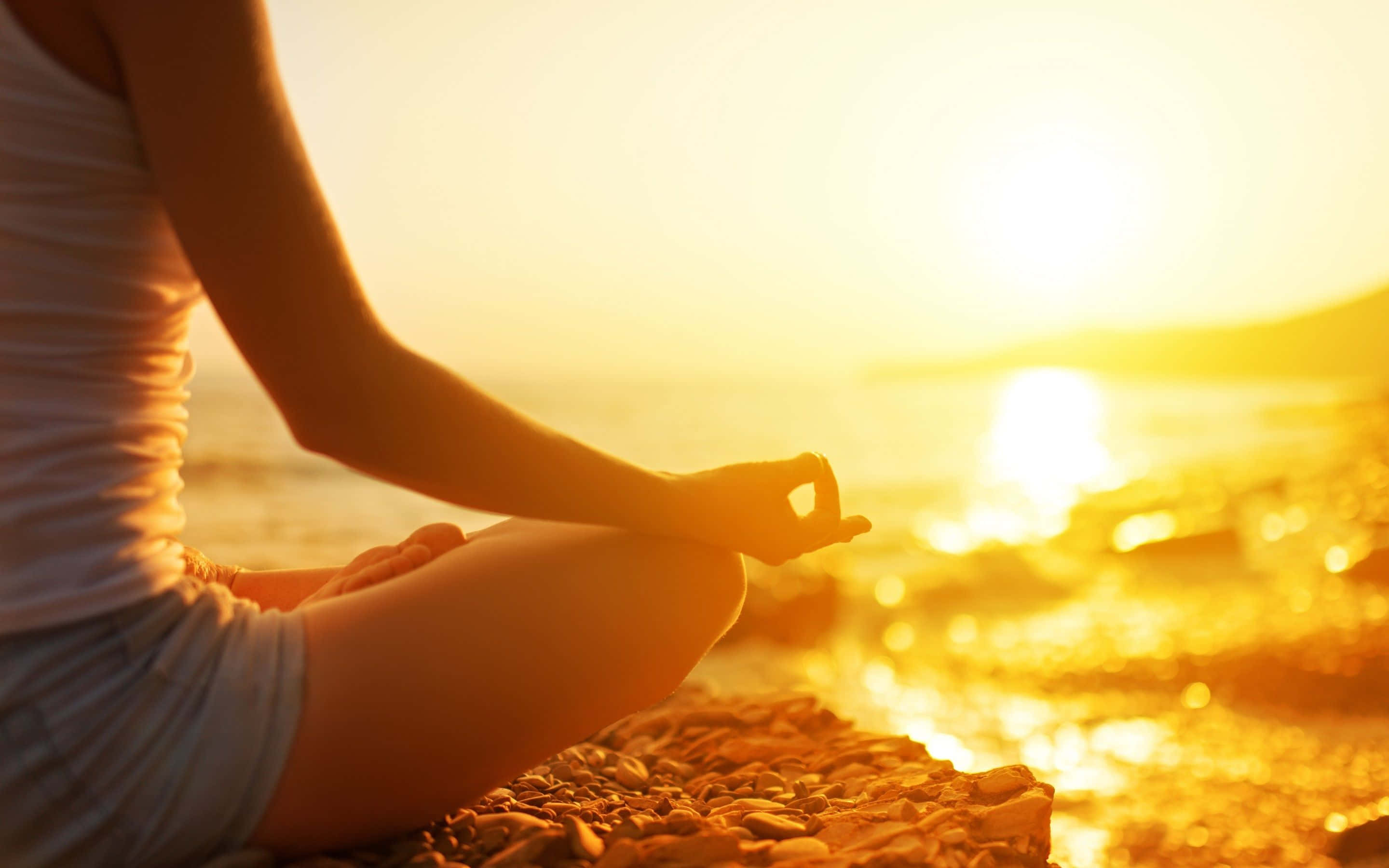 Transcendental Celestial Landscape, lotus pose, sunlit pebble beach, 2K Desktop Wallpaper