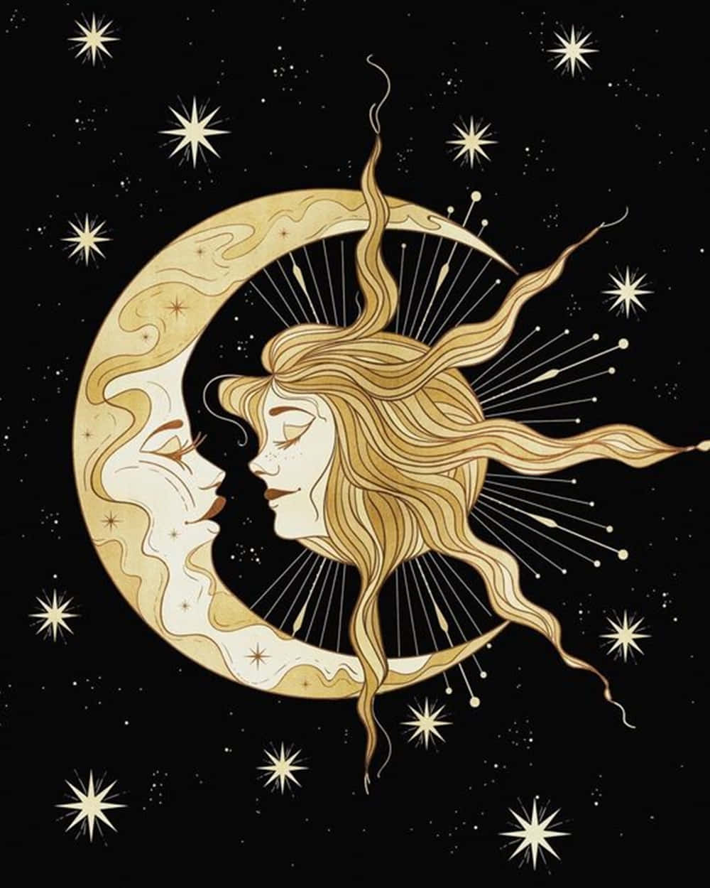 golden illustrated woman, crescent moon, starry black night sky, SD Phone Wallpaper