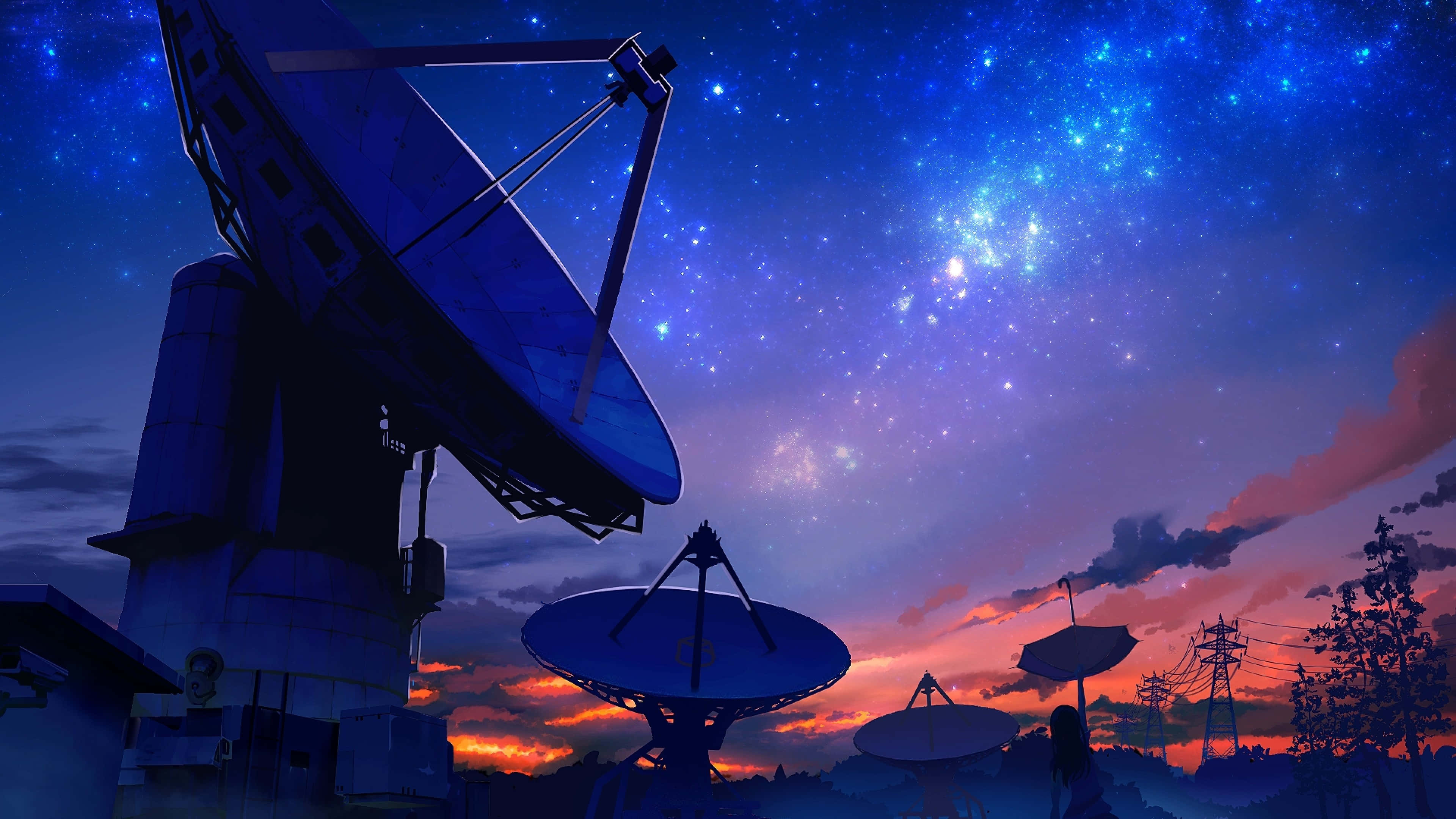 star studded sky, radio telescopes, twilight sky, 4K Desktop Wallpaper