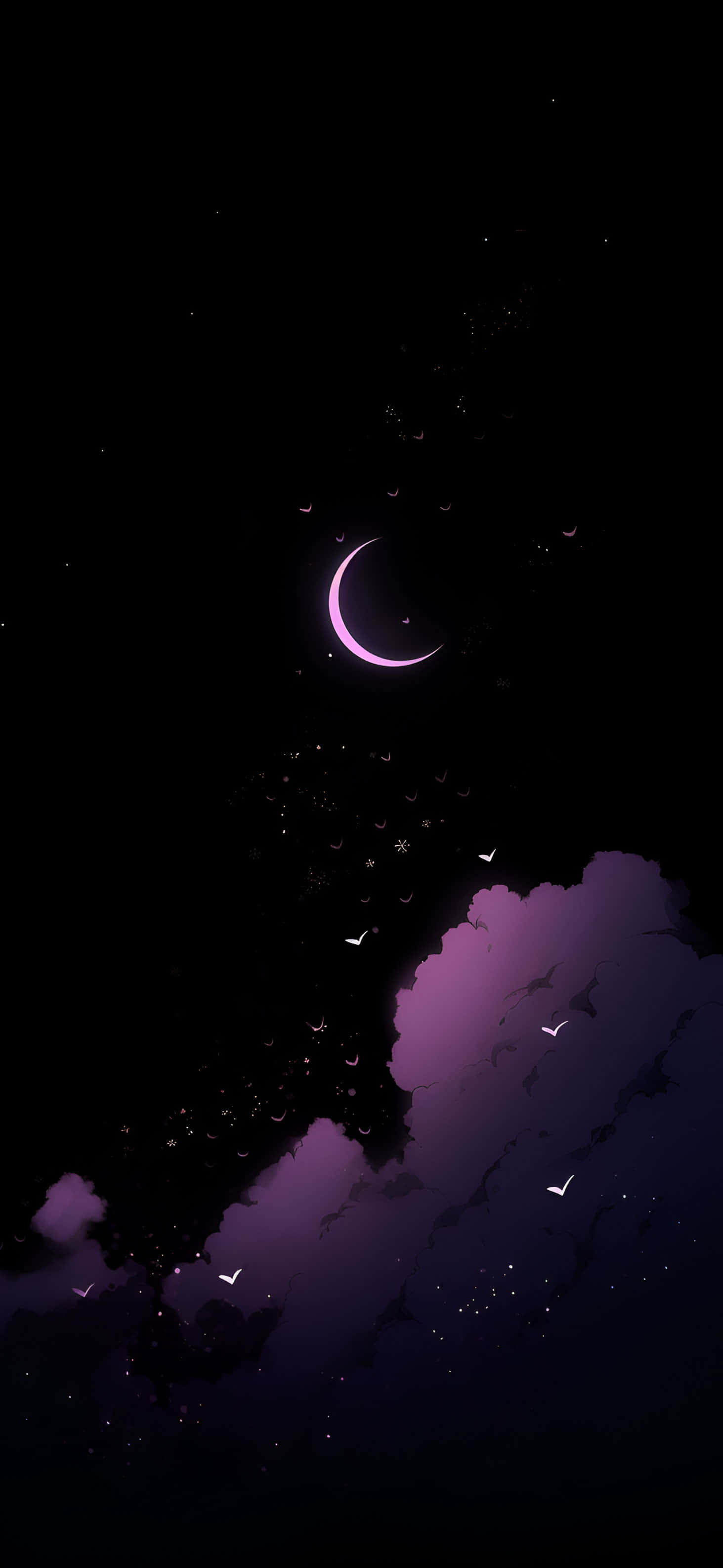 crescent moon, purple glow, dark clouds, 2K Phone Wallpaper