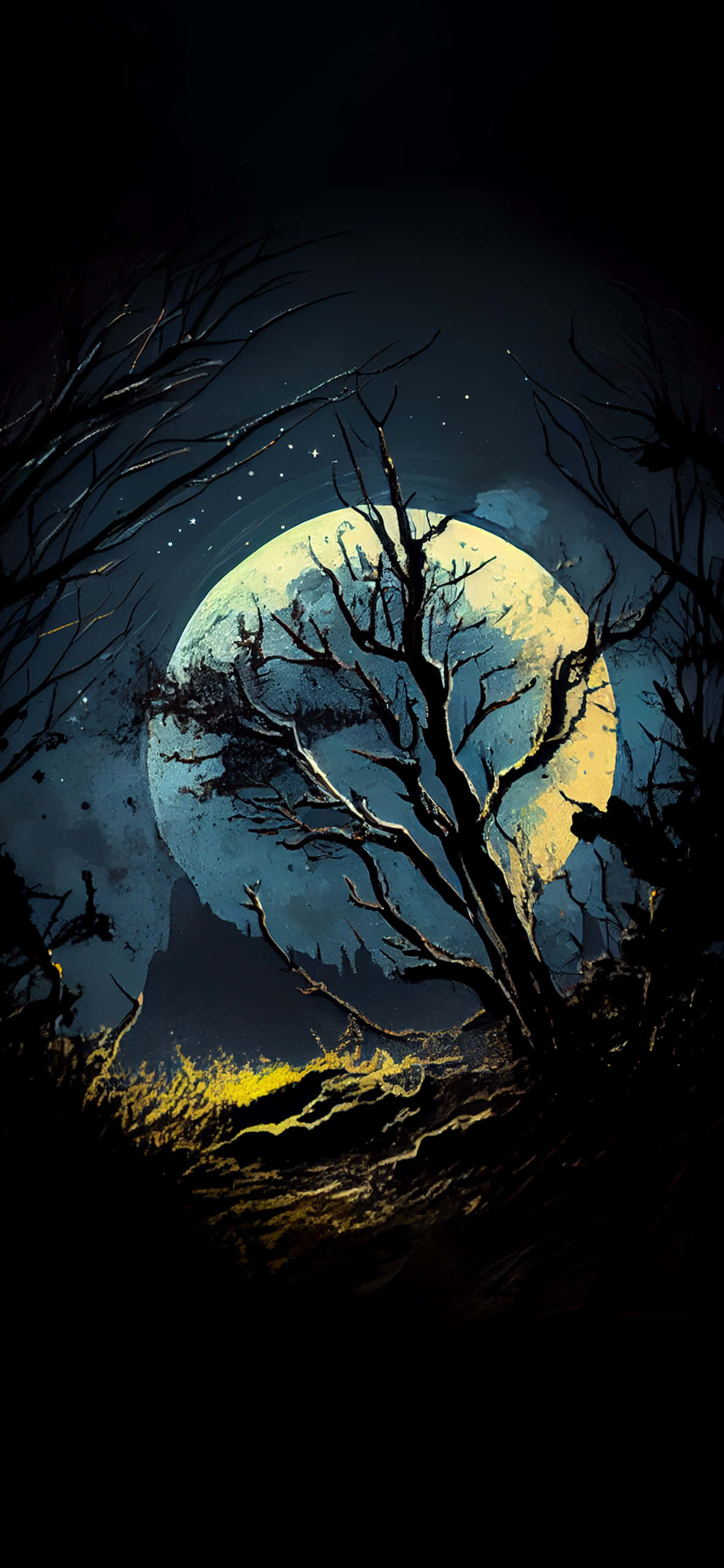 skeletal tree, glowing moon, dark starry night sky, 2K Phone Wallpaper