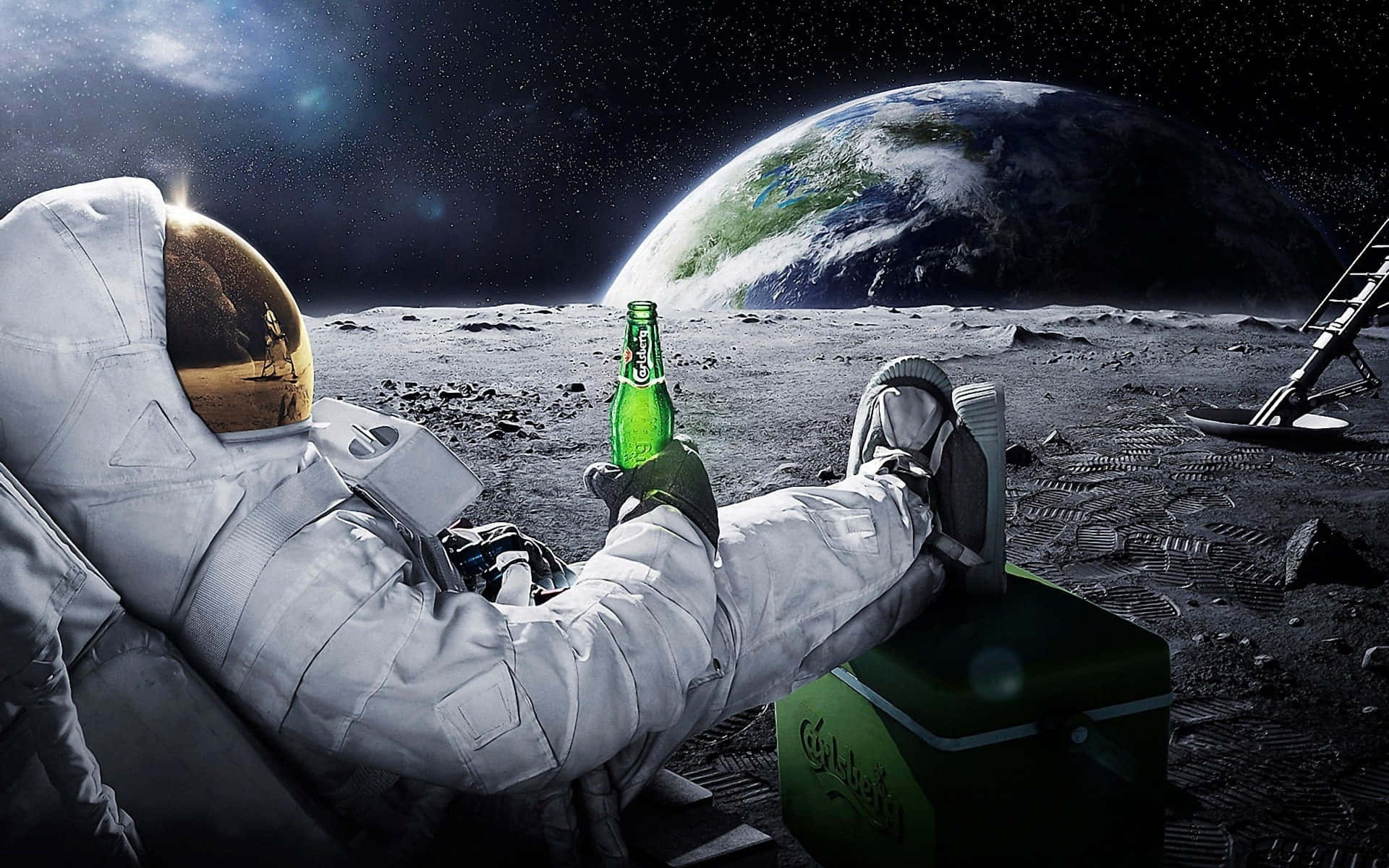 astronaut, moon, green beer bottle, Full HD Desktop Wallpaper