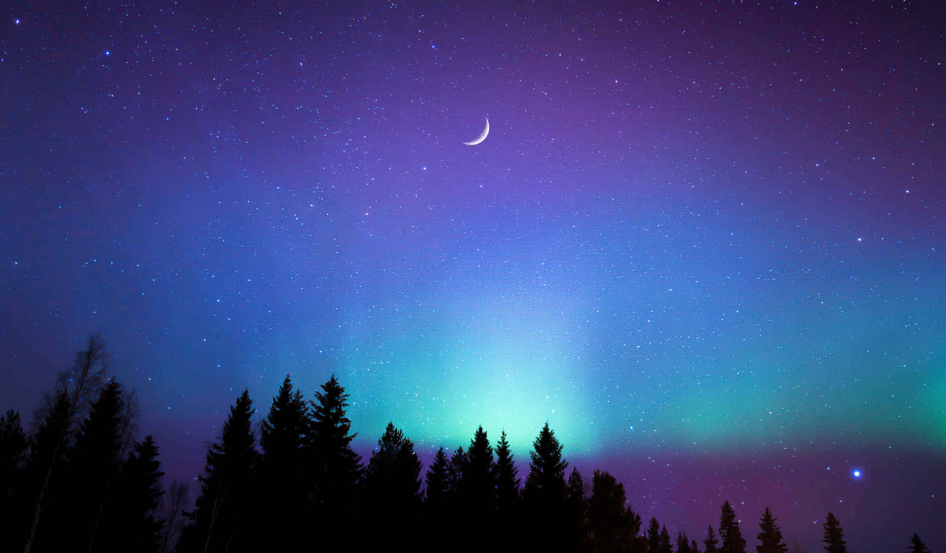 Starry Night, aurora, crescent moon, Full HD Desktop Wallpaper