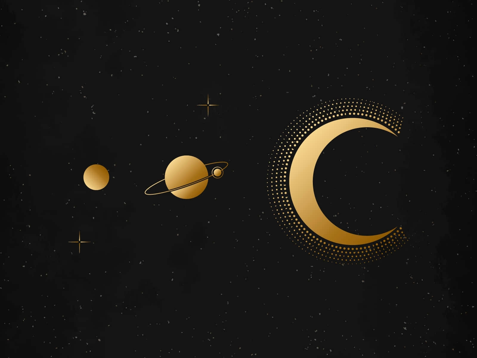 golden planets, crescent moon, speckled black cosmic backdrop, HD Desktop Wallpaper