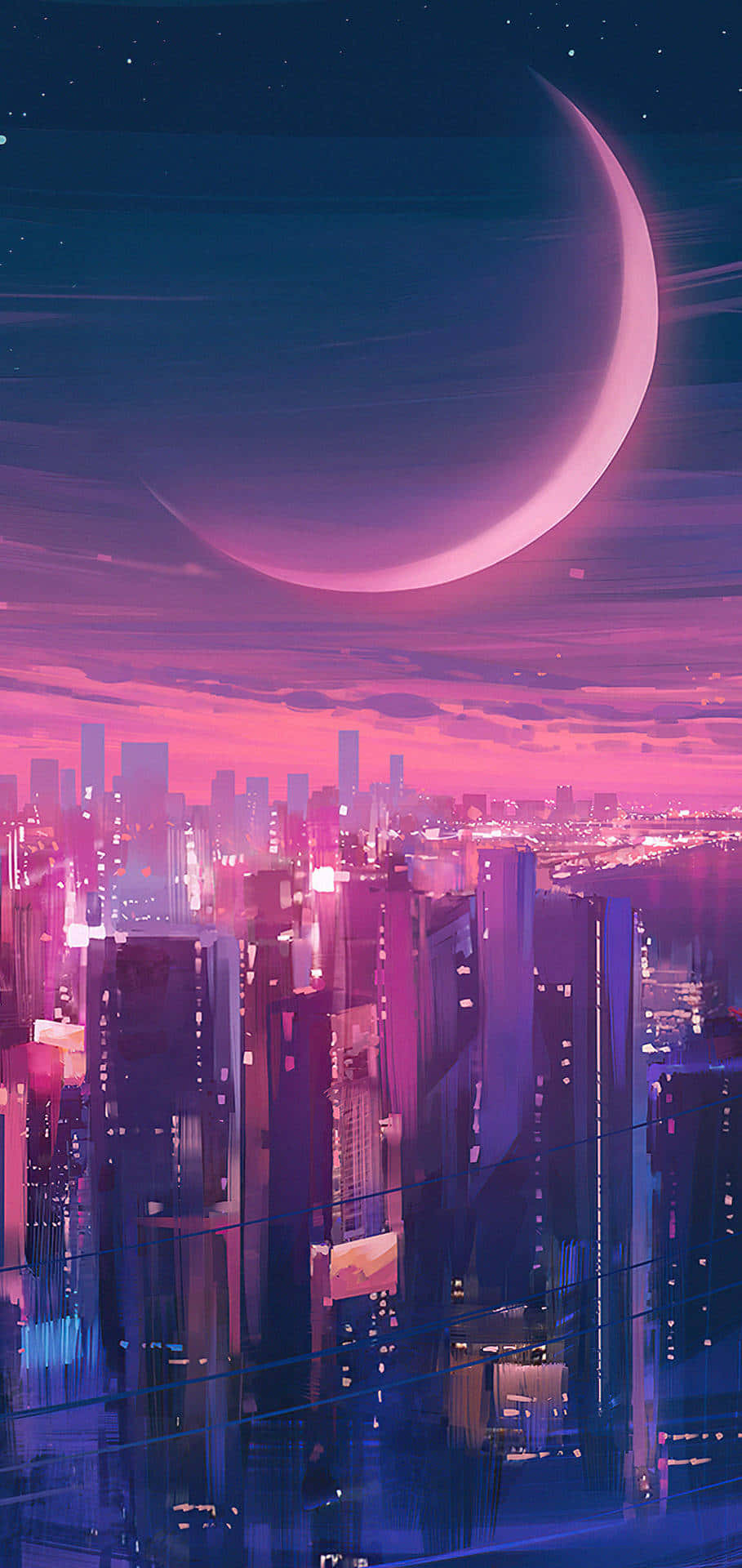 crescent moon, futuristic cityscape, neon pink and blue light, Full HD Phone Wallpaper