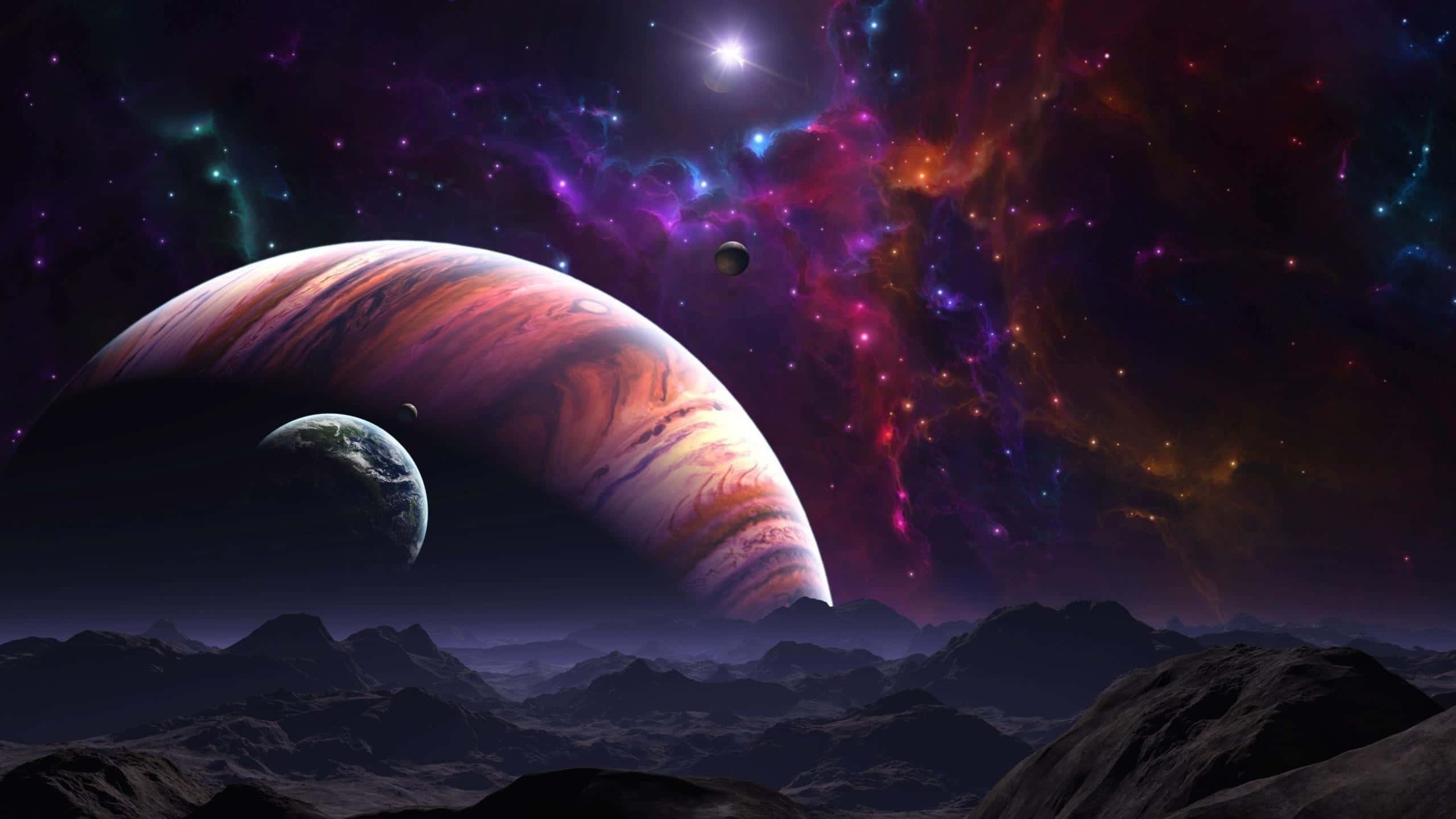 Celestial Bodies, striped planet, rocky alien landscape, 2K Desktop Wallpaper