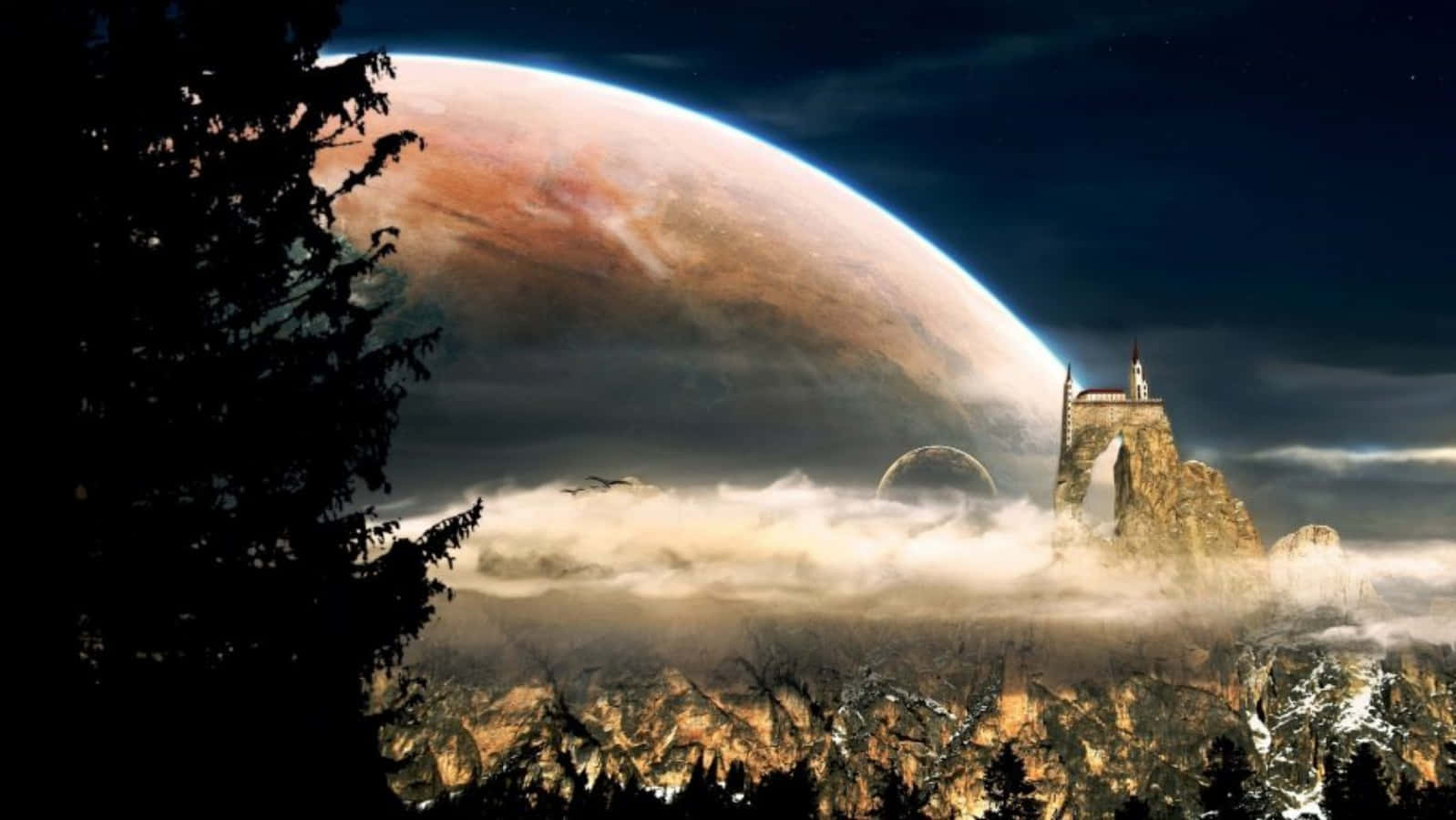 Celestial Bodies, castle, misty mountain peak, HD Desktop Wallpaper