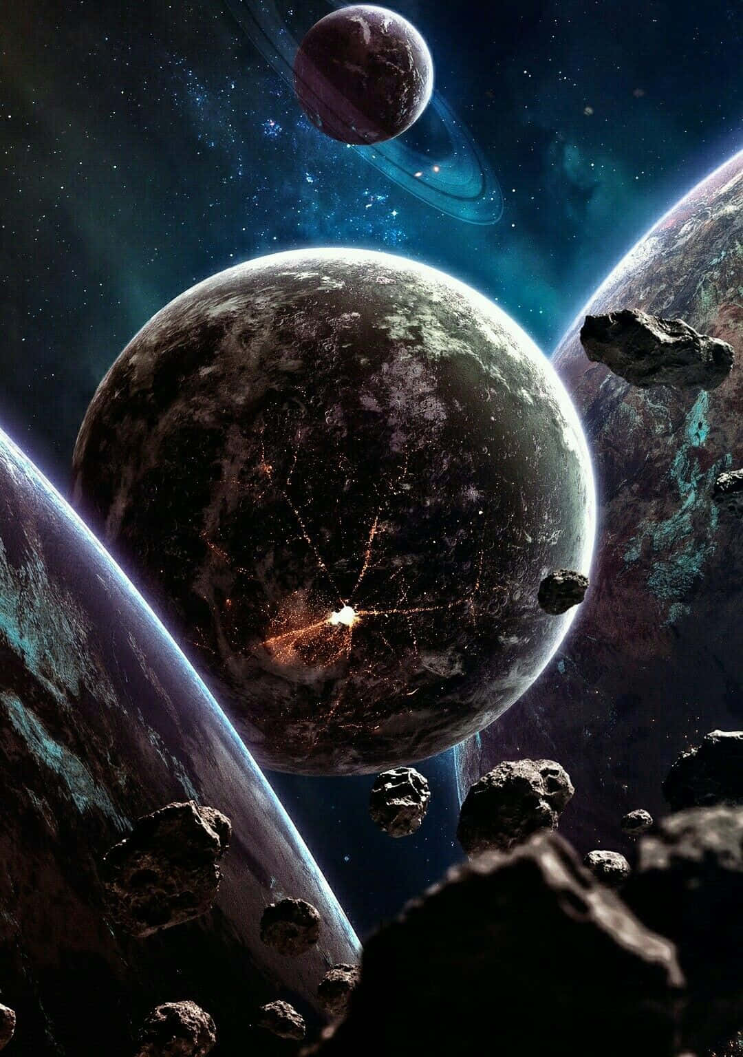 Celestial Bodies, central planet, glowing surface fissures, HD Phone Wallpaper