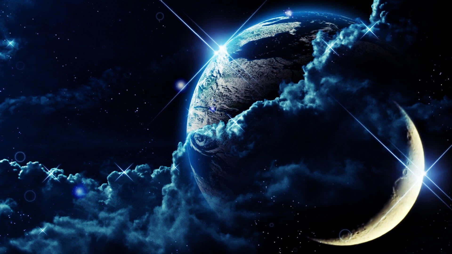 Celestial Bodies, glowing blue planet, crescent moon, Full HD Desktop Wallpaper